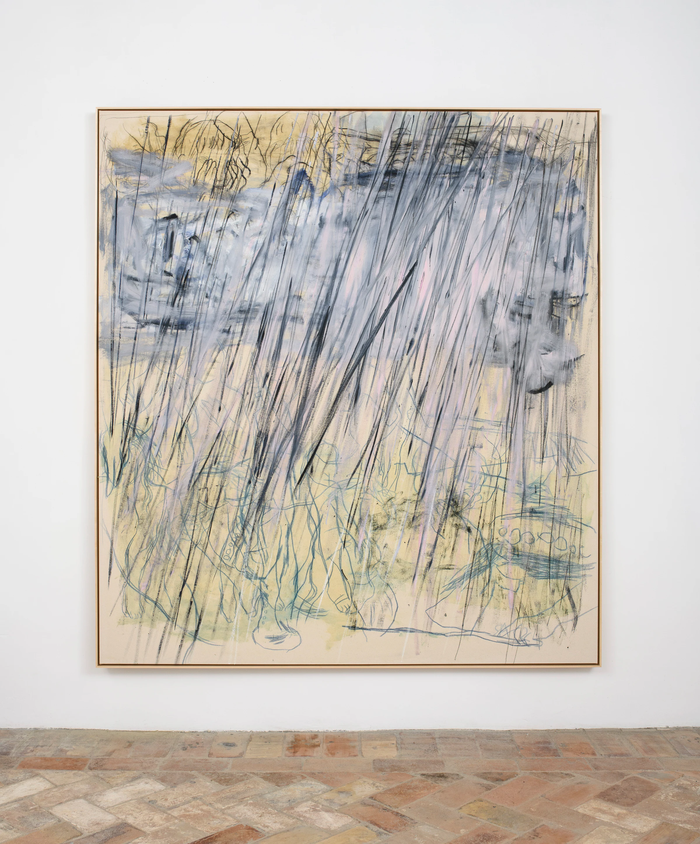 Rita Ackermann, Manna Rain, 2024, Oil and crayon on canvas, 92 x 83 x 1 1/2 in 233.7 x 210.8 x 3.8 cm (unframed) 93 1/8 x 84 x 1/8 x 2 5/8 236.5 x 213.7 x 6.7 cm (framed)