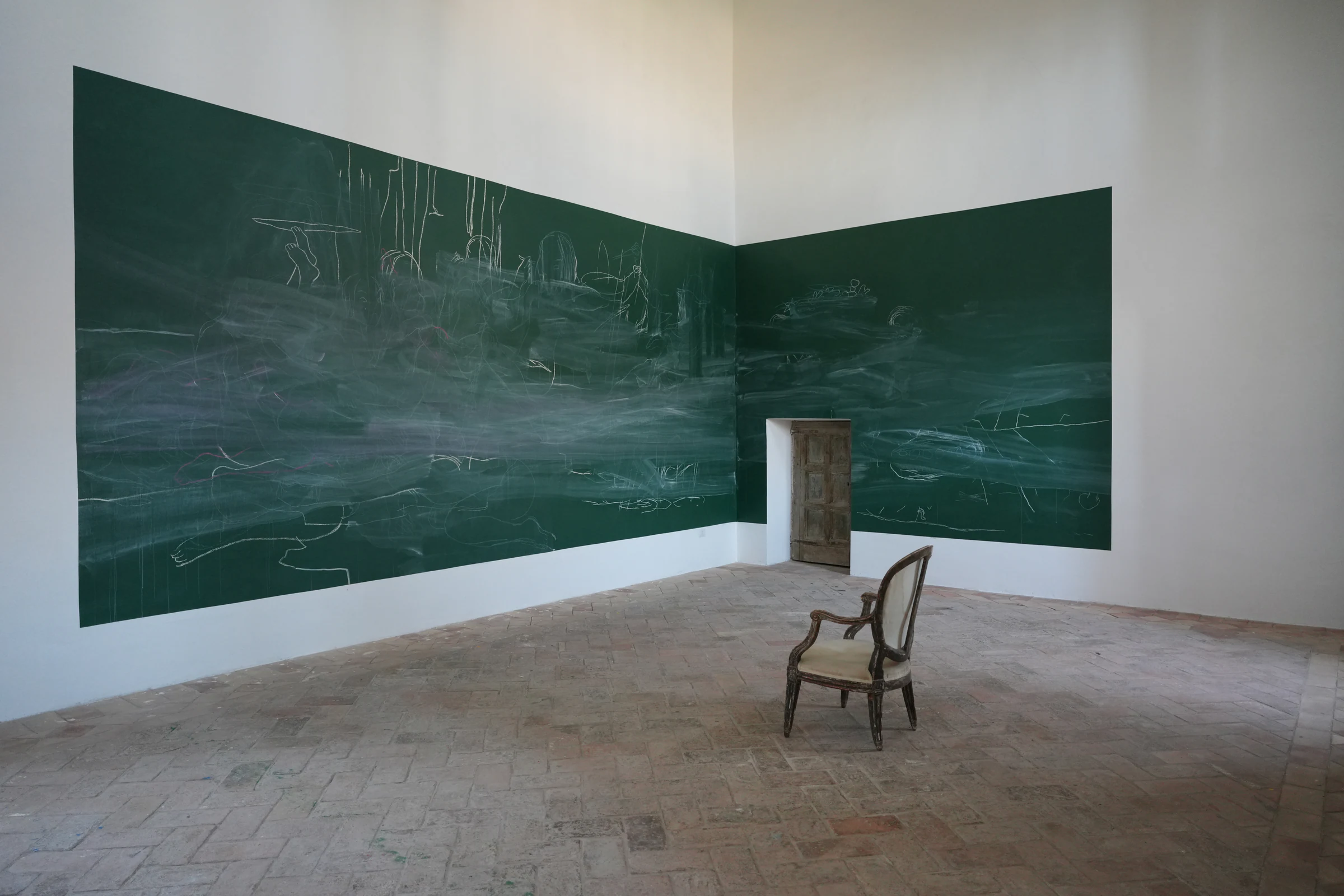 Rita Ackermann, Ubiquitous (Outside of Time and Space), 2024, Acrylic and soft pastel, 9.8 x 32.8 ft, 3 x 10 m Photo: Daniel Turner