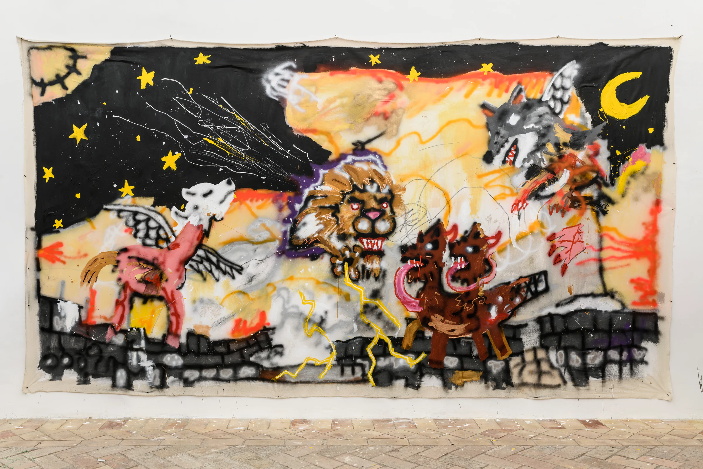 Robert Nava, Between Beasts We Understand Each Other, 2023, Acrylic and grease pencil on canvas, 111 13/16 x 201 9/16 in, 284 x 512 cm