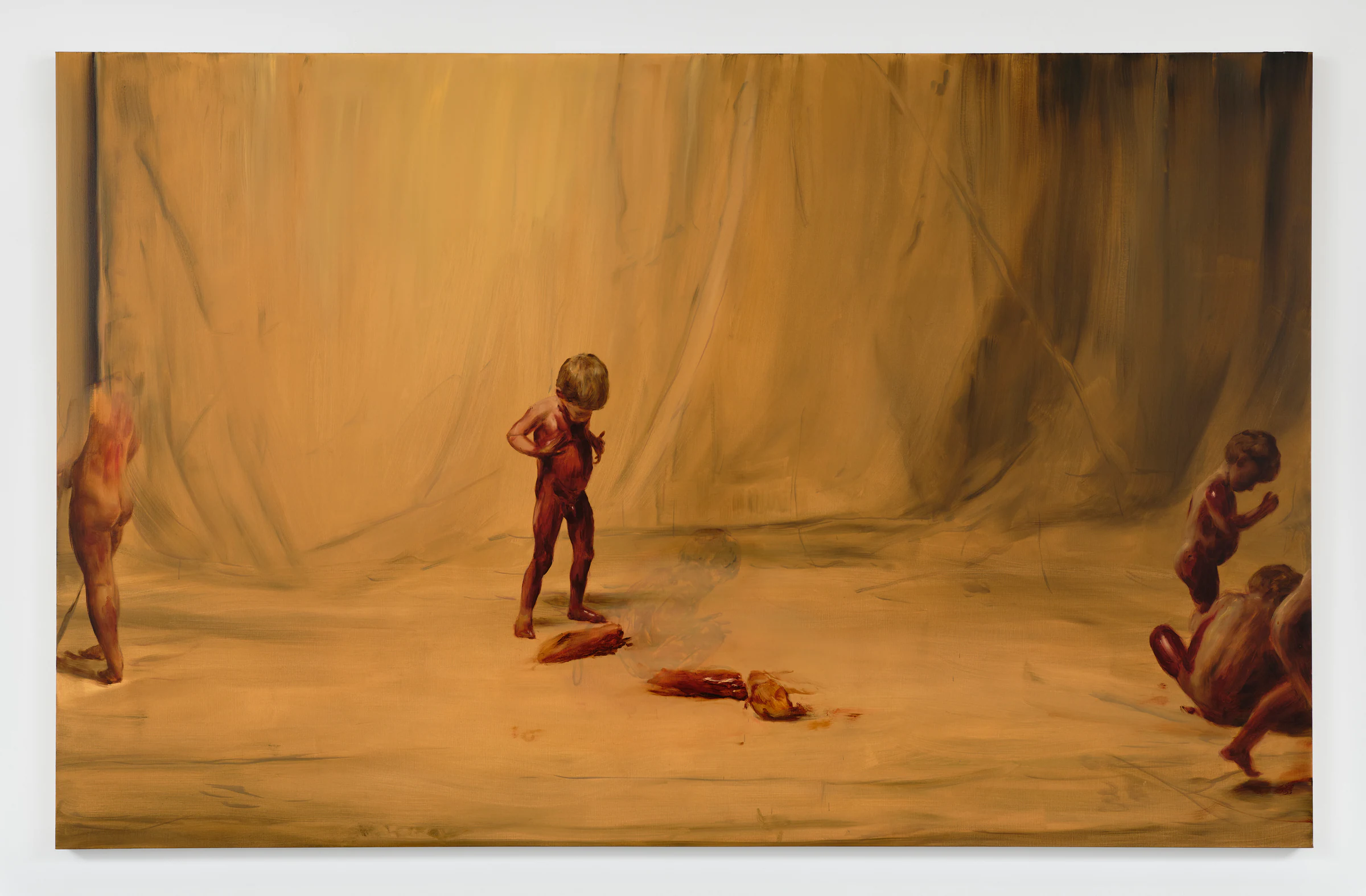 Michaël Borremans, Fire from the Sun (Five Figures, Three Limbs), 2017, Oil on canvas Signed, titled, dated, and inscribed verso, 74 7/8 x 118 1/8 in, 190 x 300 cm