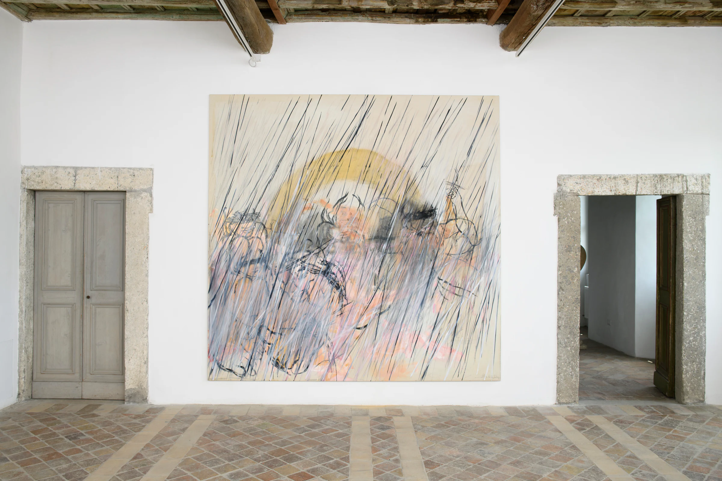 Rita Ackermann, Mouchette in Hollywood, 2024, Oil, acrylic and crayon on canvas, 110 x 108 in, 279.4 x 274.3 cm