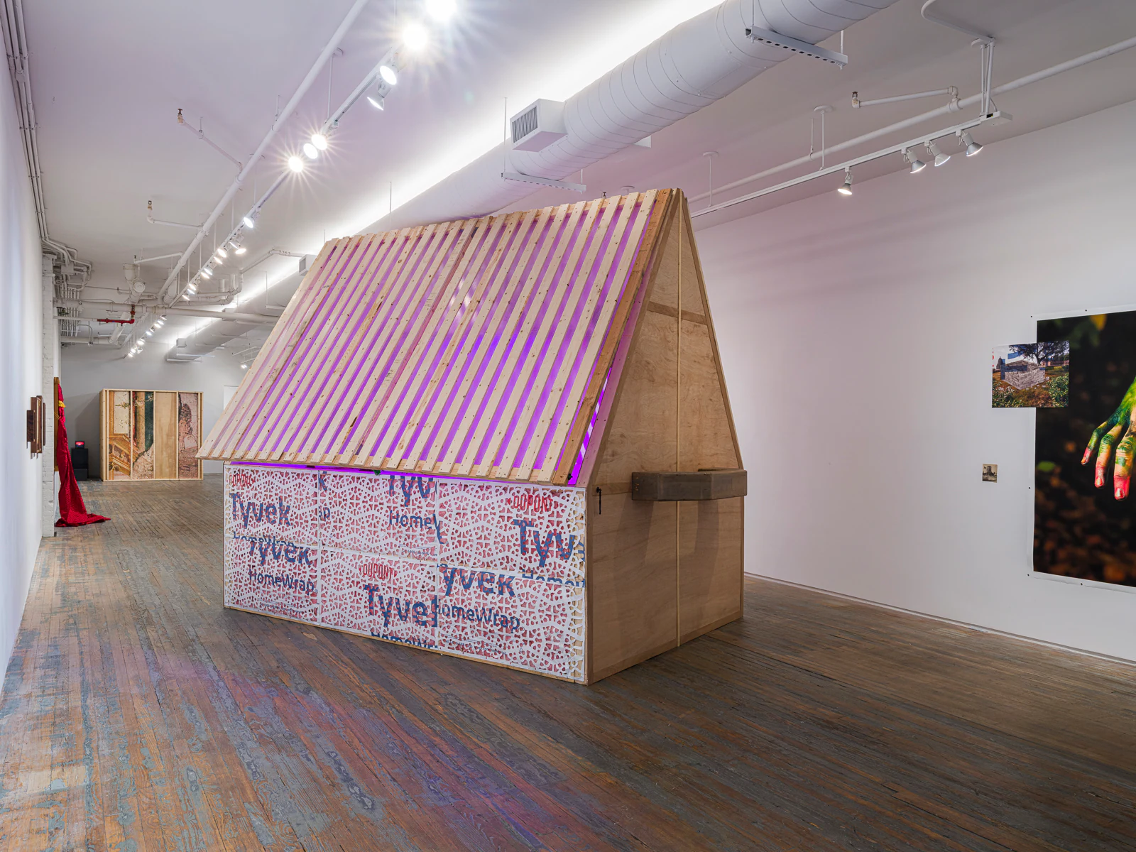 Miraj Patel, Wardian Case, 2023, Plywood, wood, laser cut Tyvek, flooring, grid tarp, plants, growlight, humidifiers, framed photographs , 8 x 12 x 11 in, 20.3 x 30.5 x 27.9 cm, Edition of 1 + 1 AP