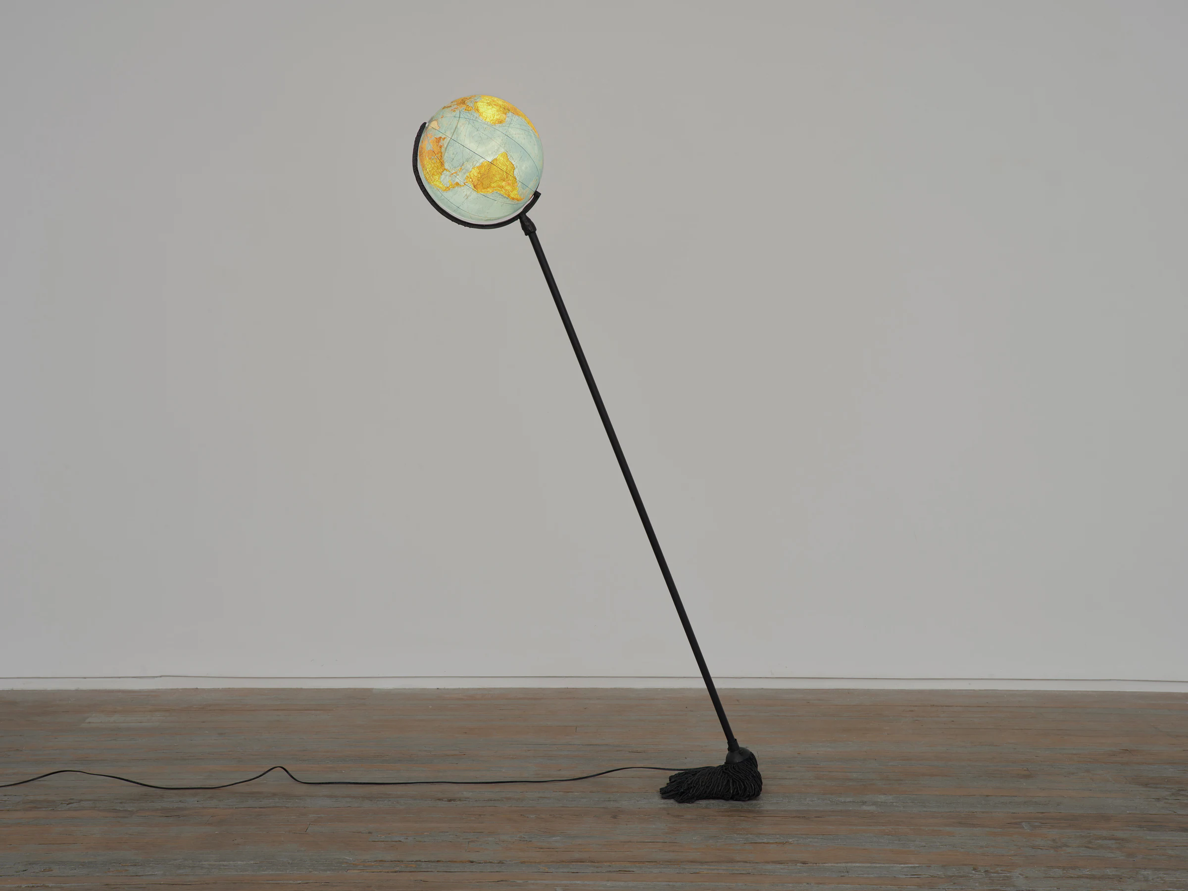 Daniele Milvio, Untitled, 2023, Illuminated globe on patinated bronze, 15 3/4 x 11 13/16 x 72 13/16 in 85 x 30 x 162 cm