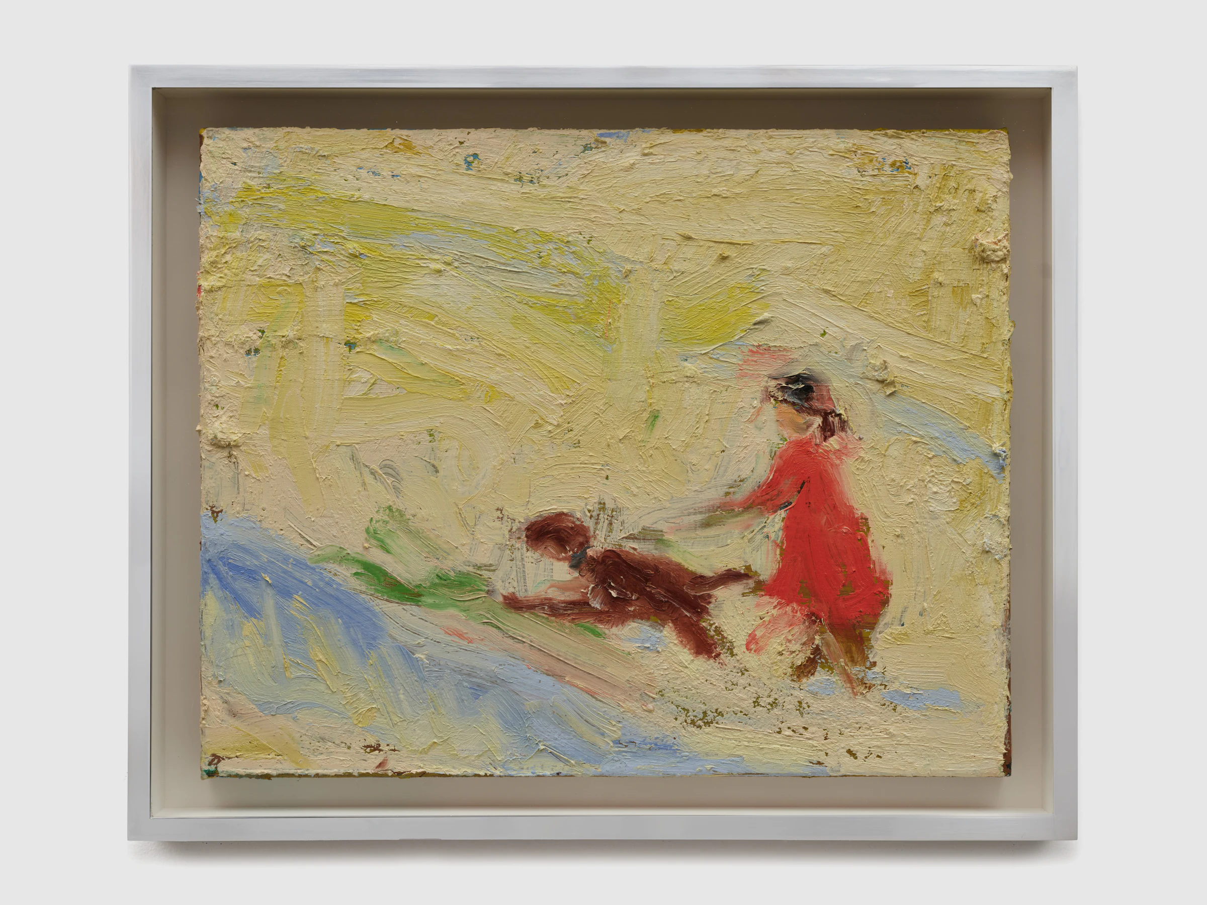 Yves Scherer, Lucy with Dog, 2025, Oil on linen in polished aluminum frame with glass, 16 x 20 in 41 x 56 cm (unframed) 19 x 23 in 48 x 59 cm (framed)