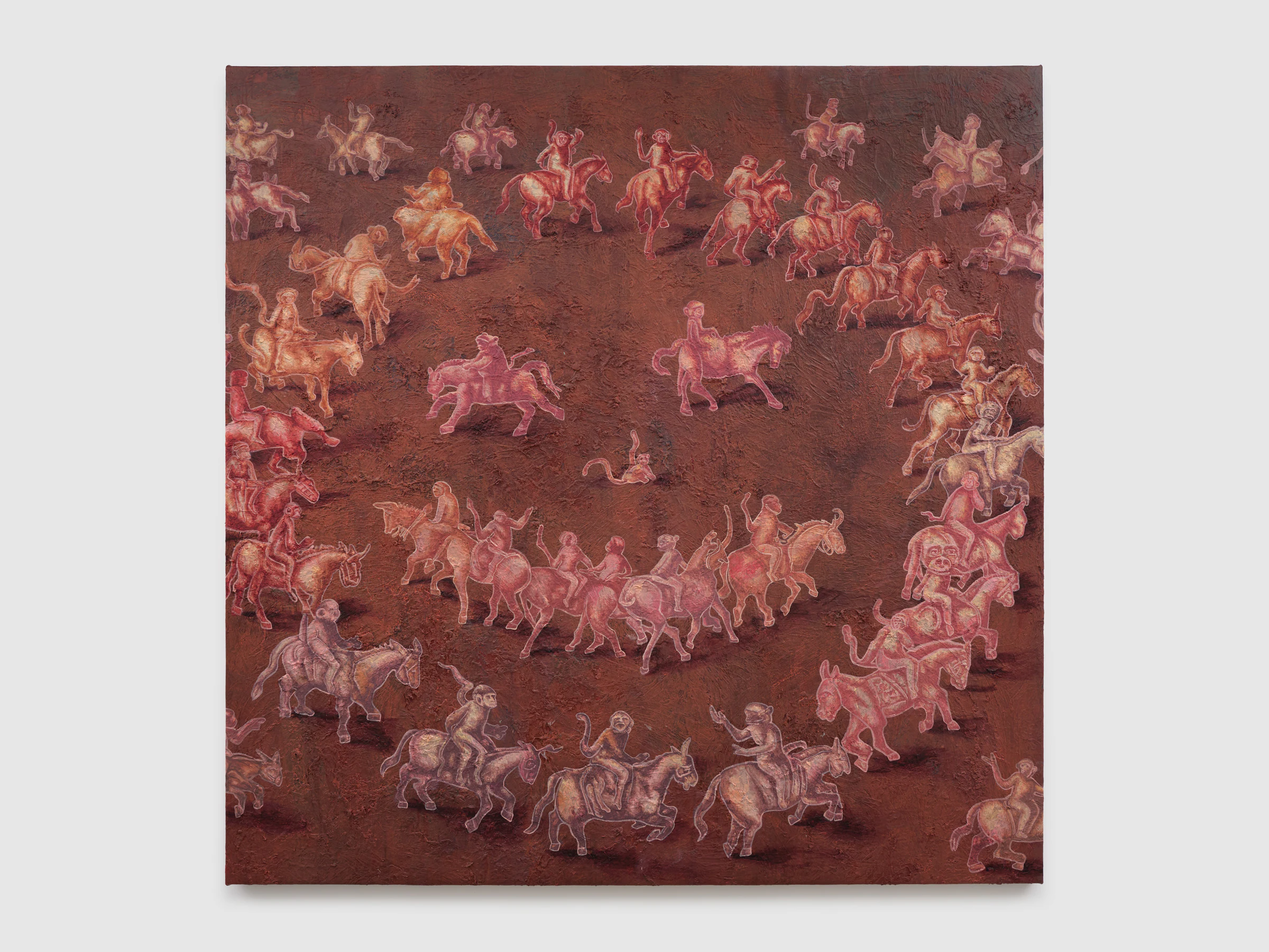 Adrian Schachter, Halcyon macaques, 2024, Acrylic, oil, and tempera on canvas, 84 x 83 1/2 in 213.5 x 212 cm