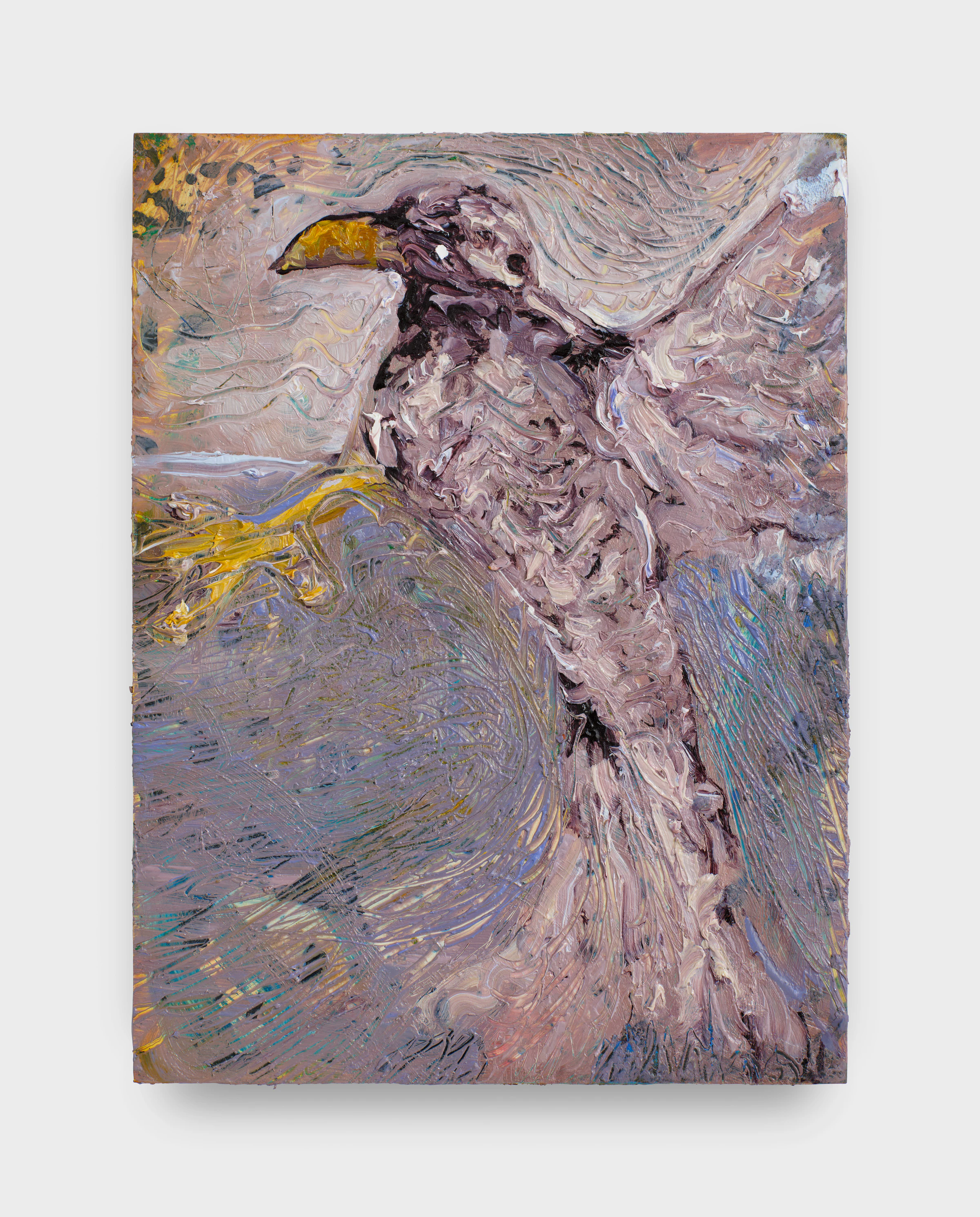 Adrian Schachter, Shapeshifting Crow, 2025, Acrylic, oil, and tempera on canvas, 8 x 6 in 20.3 x 15.2