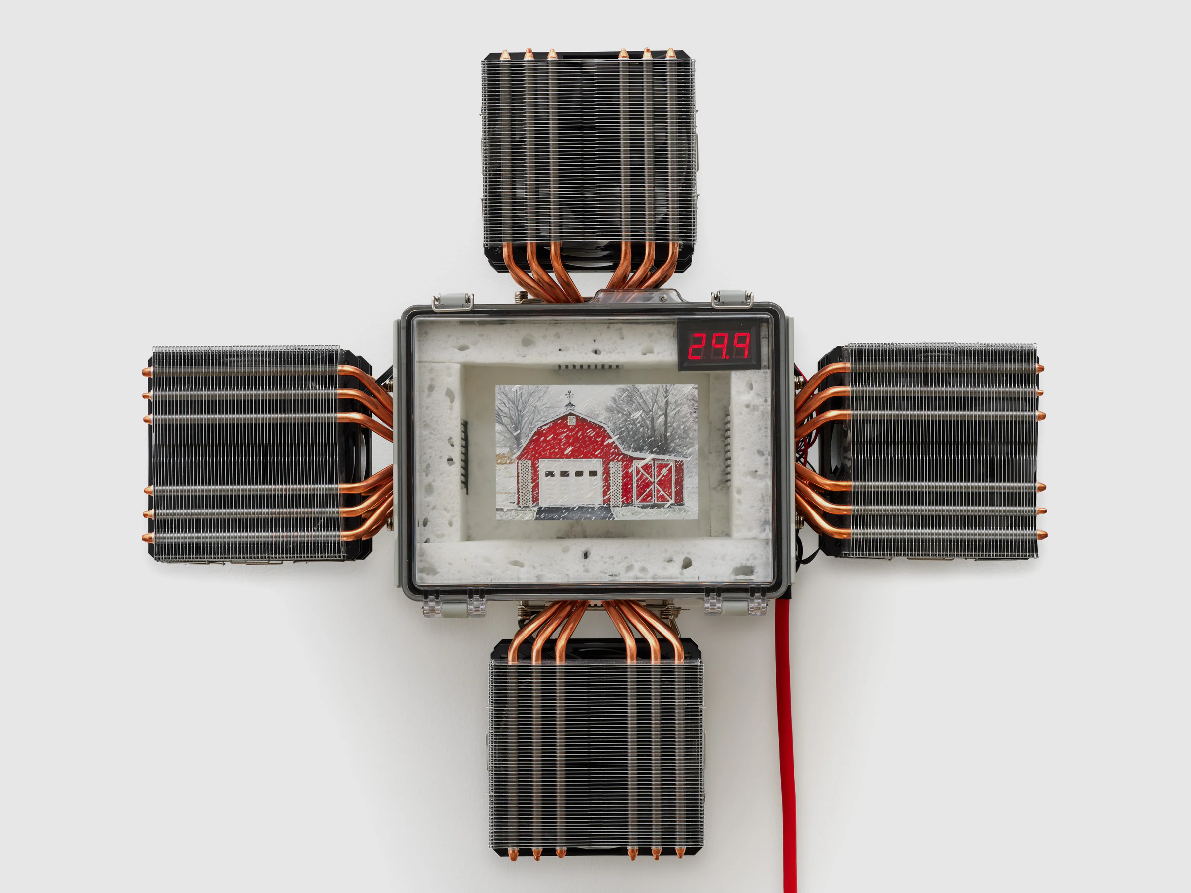 Titus McBeath,So much depends on a snowy red barn in a homemade cooling unit, 2025, Oil on aluminum panel encased in custom peltier cooling unit, 18 x 20 x 9 in 46 x 51 x 23 cm