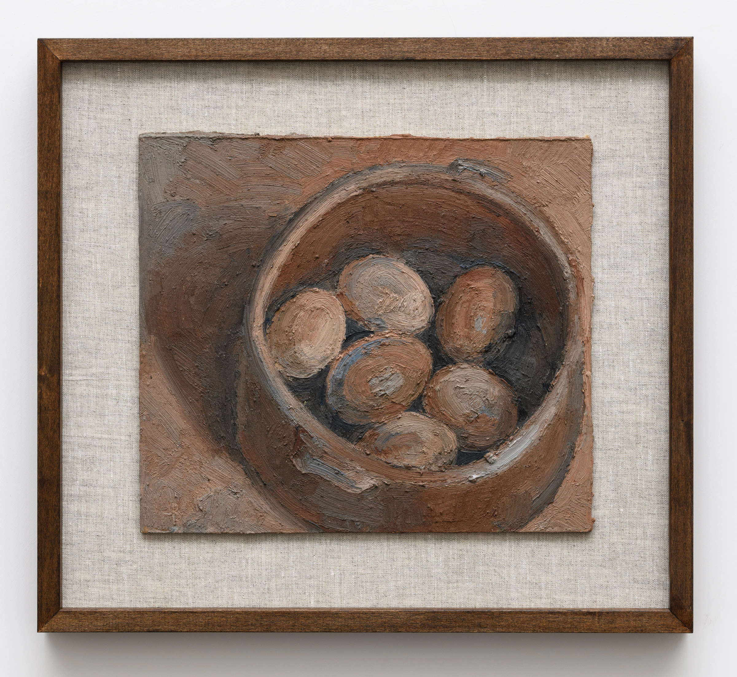 Justin Bradshaw, Sei uova in una pentola di terracotta, 2025, Oil on wood, 8 1/8 x 9 1/8 in 20.5 x 23.3 cm