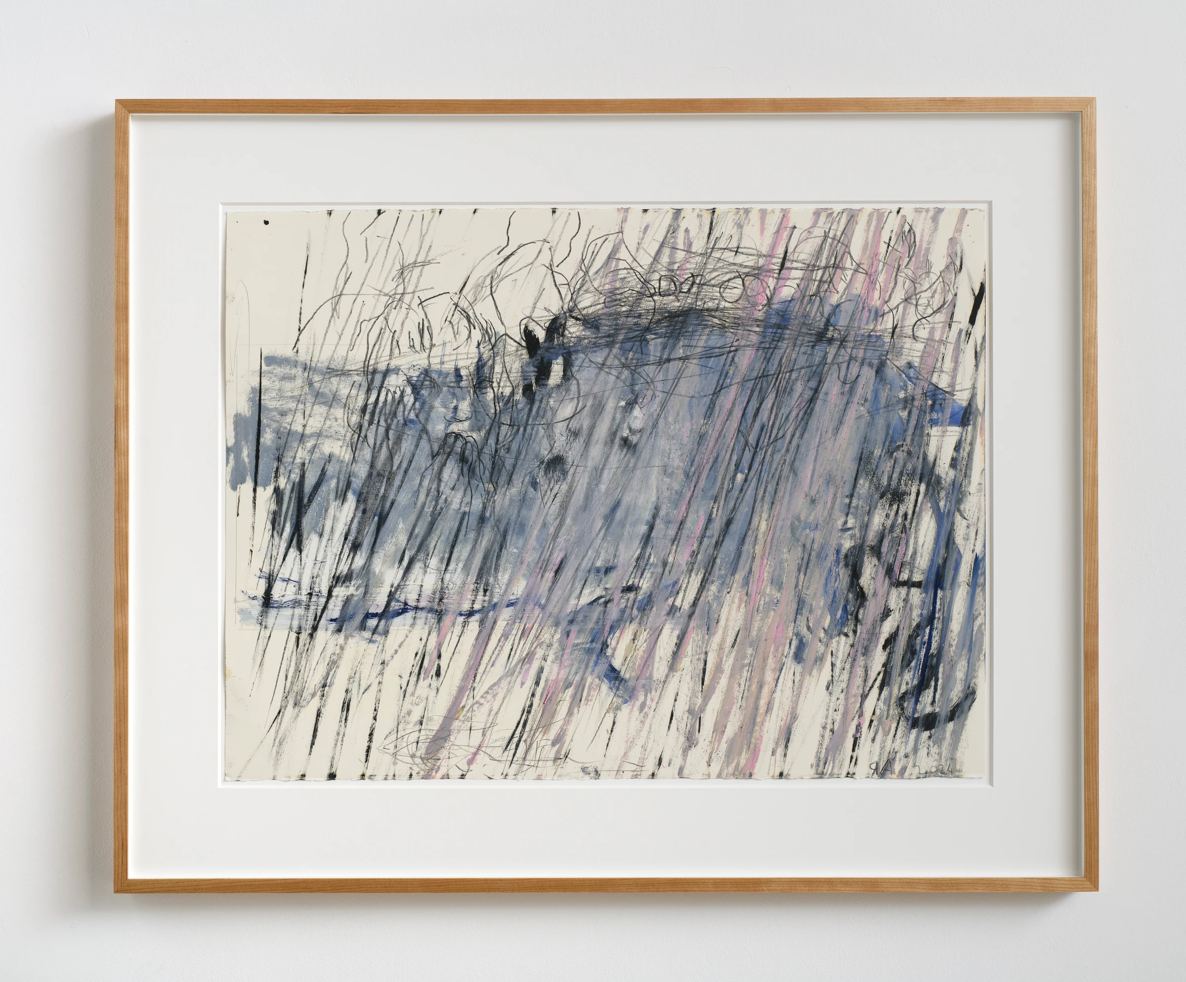 Rita Ackermann, Manna Rain Study, 2024, Oil and crayon on paper, 22 1/2 x 30 x 22 in, 57.2 x 76.2 x 55.9 cm (unframed) 31 x 38 3/8 x 1 3/4 in, 78.7 x 97.5 x 4.3 cm (framed)