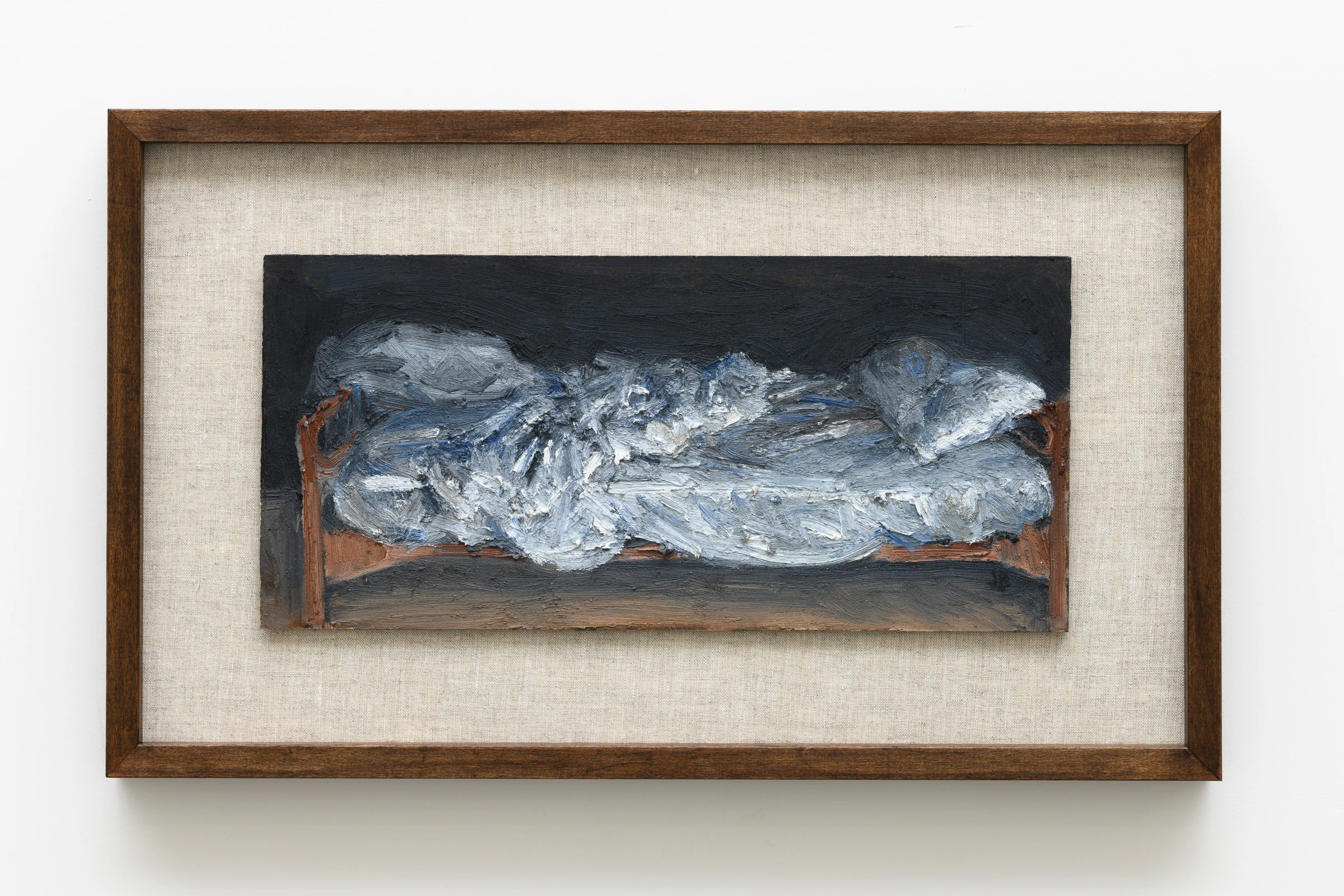 Justin Bradshaw, Letto sfatto in piccola stanza, 2025, Oil on wood, 5 1/8 x 11 1/4 in 13 x 28.5 cm