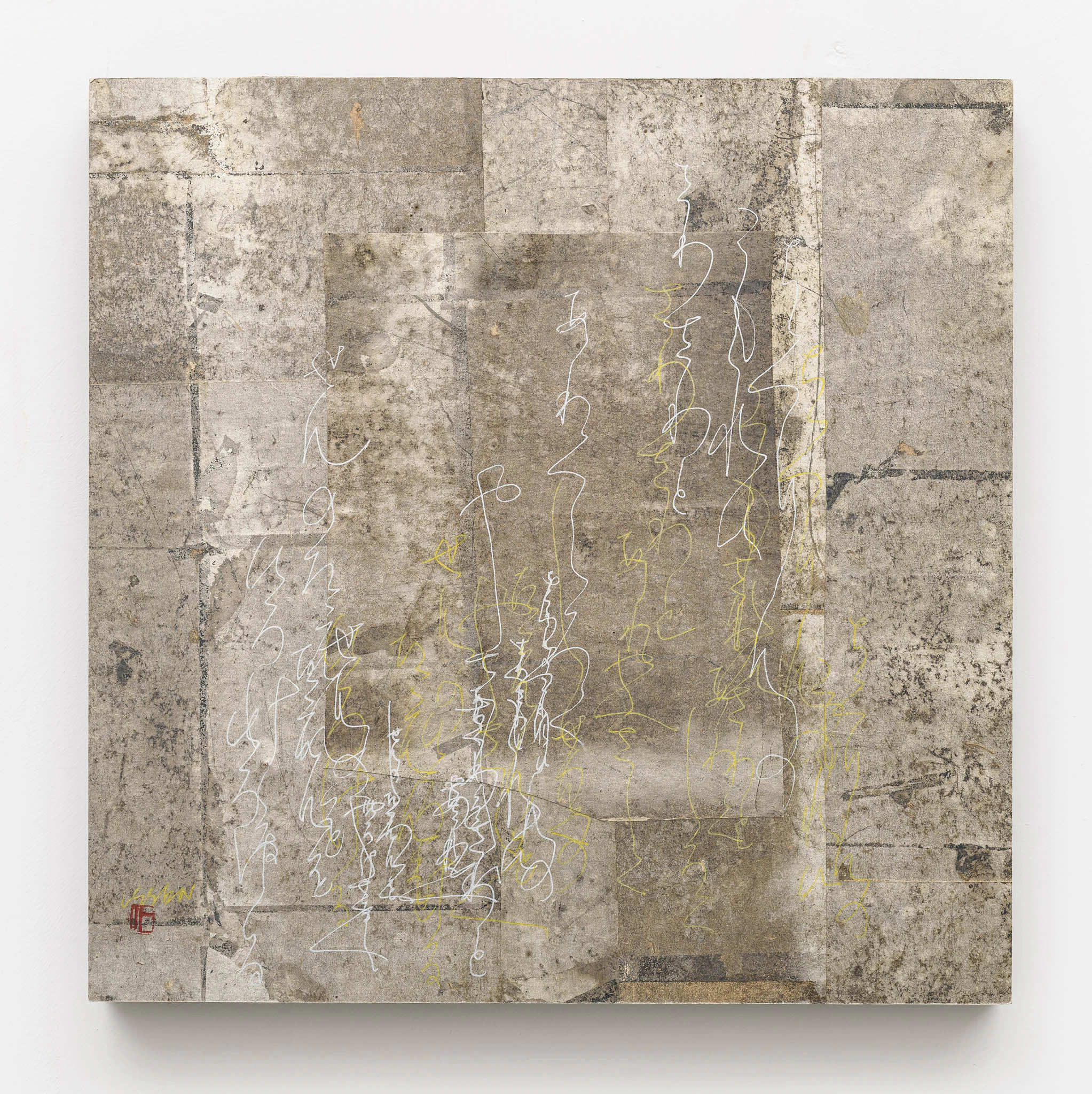 Issen Nishigaki, River Anthology: Past and Present (Issen Kokinshō), 2025, Sumi ink and antique paper on panel, 10 5/8 x 10 5/8 in 27 x 27 cm