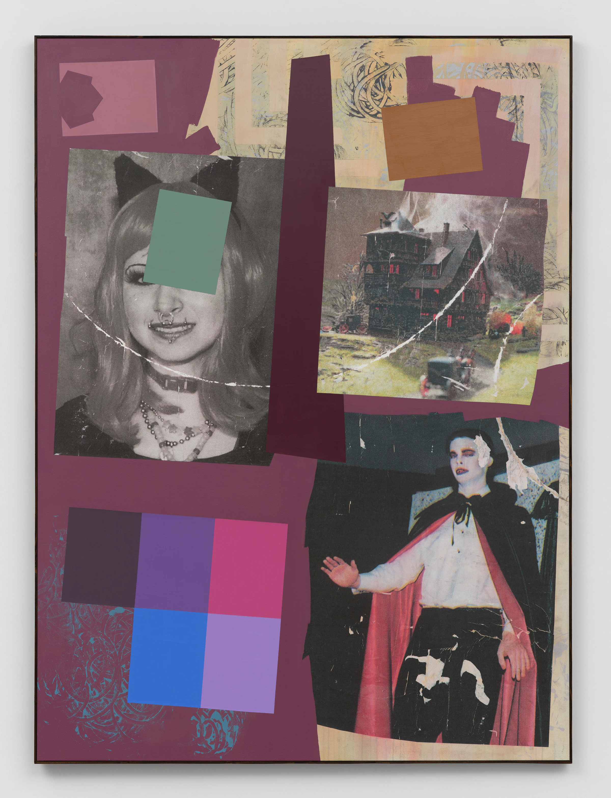 Goth Girl High School Diorama, 2025, Acrylic and collage on canvas, 84 x 62 in 213.4 x 157.5 cm