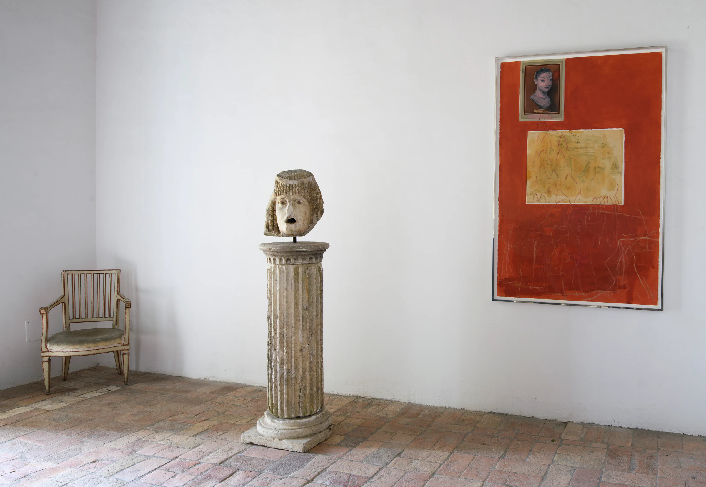 Rita Ackermann, Bronze Tears, 2024, Oil and printed paper on hard paper, 60 1/4 x 40 1/4 in, 153 x 102.2 cm (unframed) 62 7/8 x 42 5/8 x 2 in, 159.7 x 108.3 x 5.1 cm (framed)