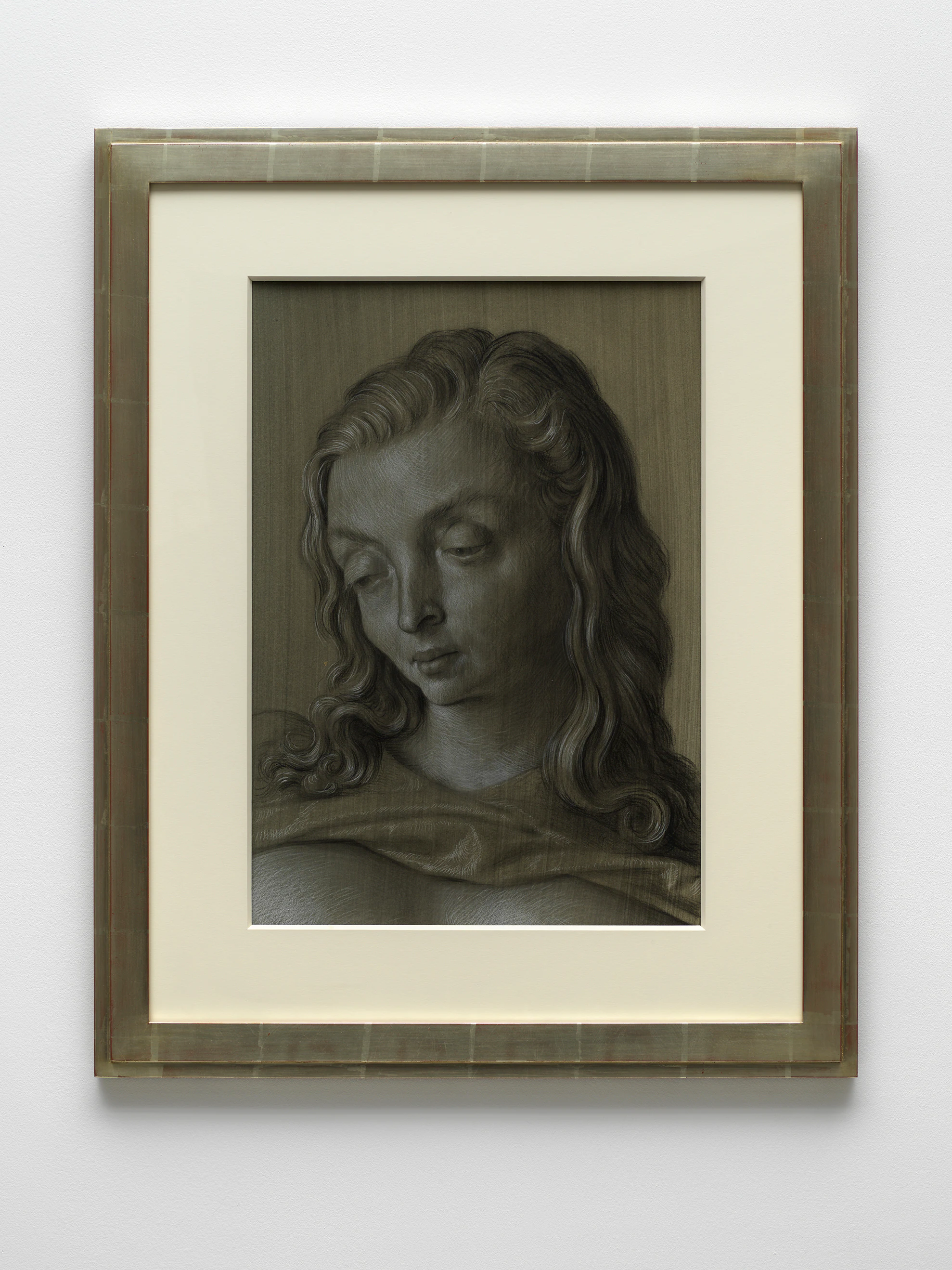 John Currin, Untitled, 2021, Charcoal and white chalk on prepared paper, 19 5/16 x 13 3/4 in, 49 x 35 cm (Unframed) 28 3/4 x 23 in, 73 x 58.5 cm (Framed)