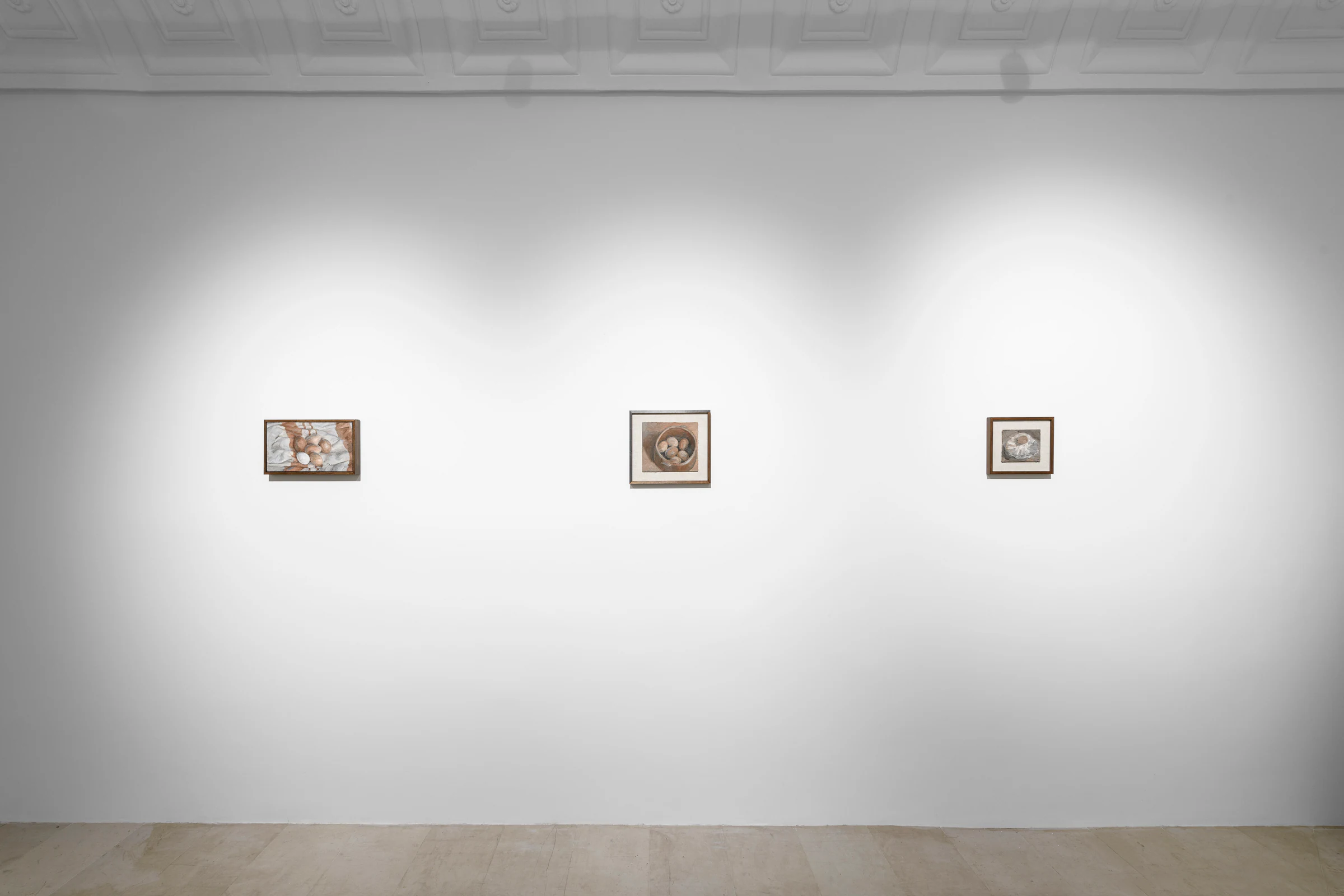 Justin Bradshaw: 9 Paintings with drapery and eggs, installation view
