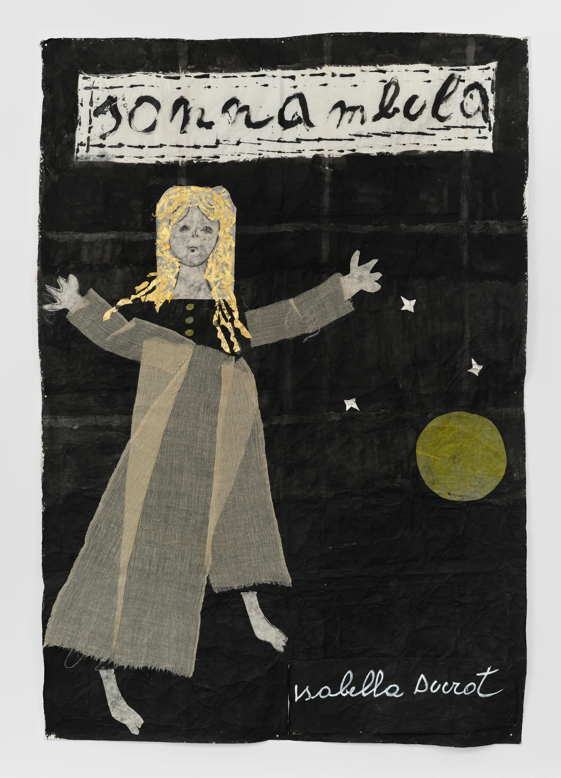 Isabella Ducrot, La Sonnambula, 2025, Paper, pigments, fabric, and pins on paper, 78 3/4 x 59 in, 200 x 150 cm