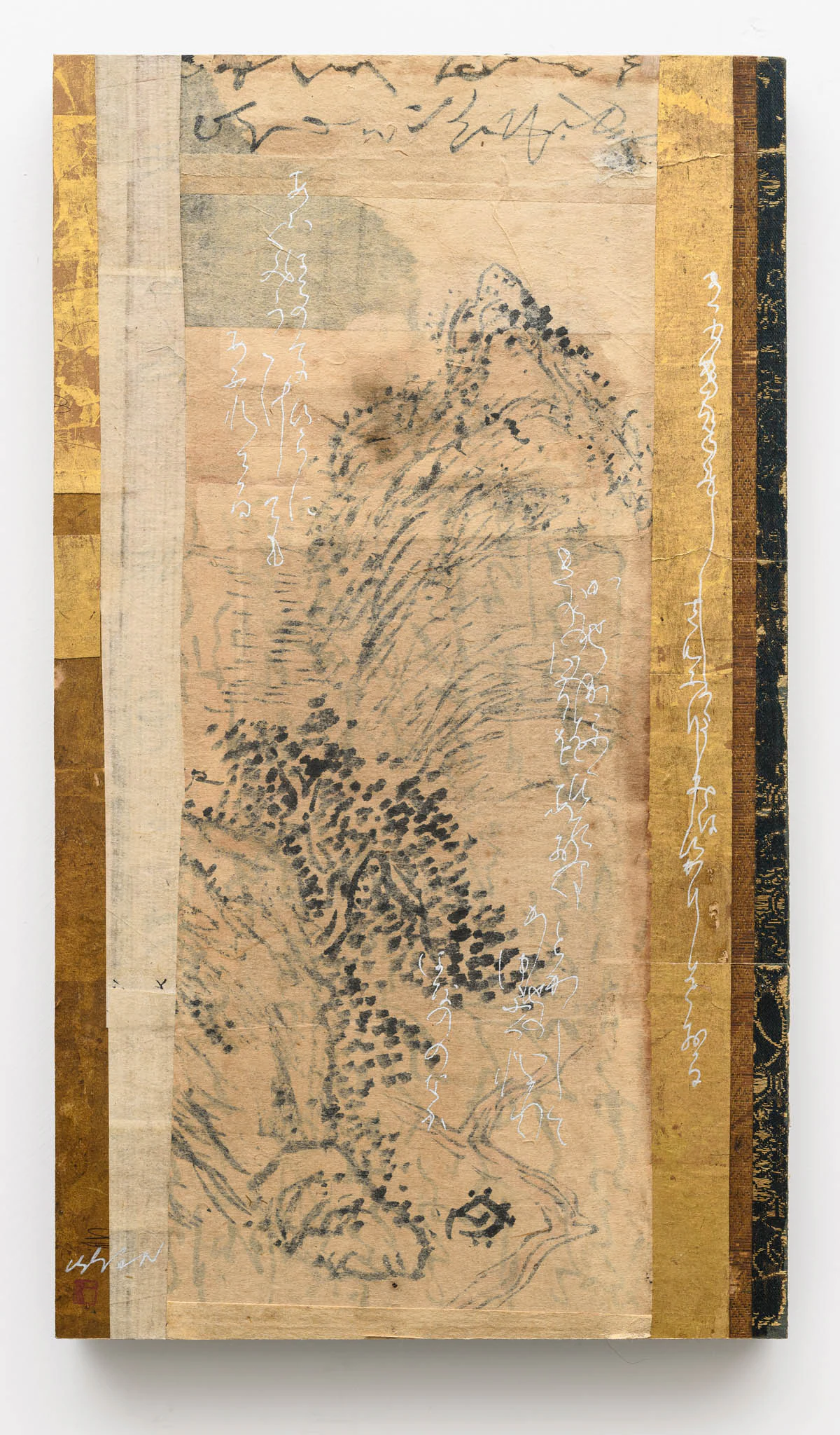 Issen Nishigaki, The wind blows, 2025, Sumi ink and antique paper on panel, 13 x 7 1/2 in 33 x 19 cm