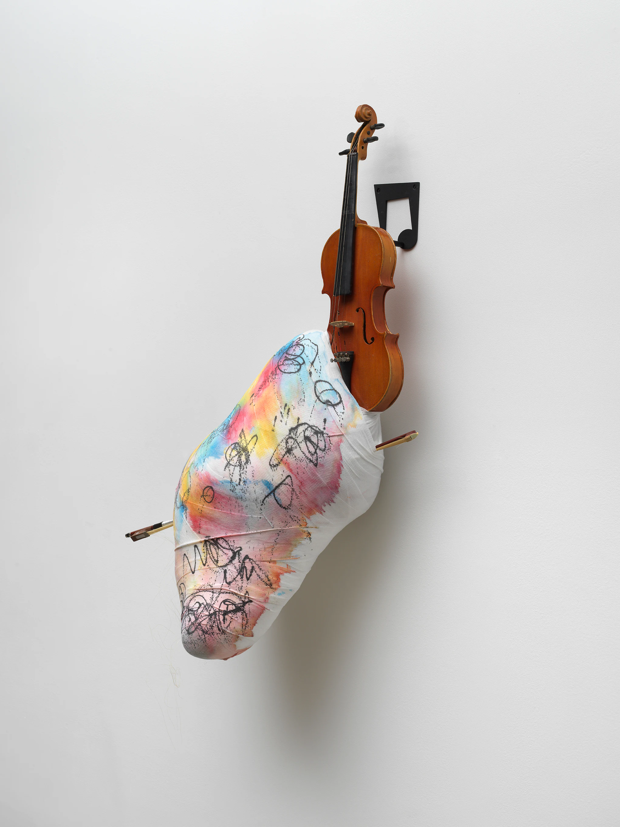Louis Osmosis, Swollen Violin (Autographs), 2023, Reclaimed violin & bow, reinforced paper-mache, acrylic on gauze, powder-coated steel , 40 x 21 x 13 in 101.6 x 53.3 x 33 cm