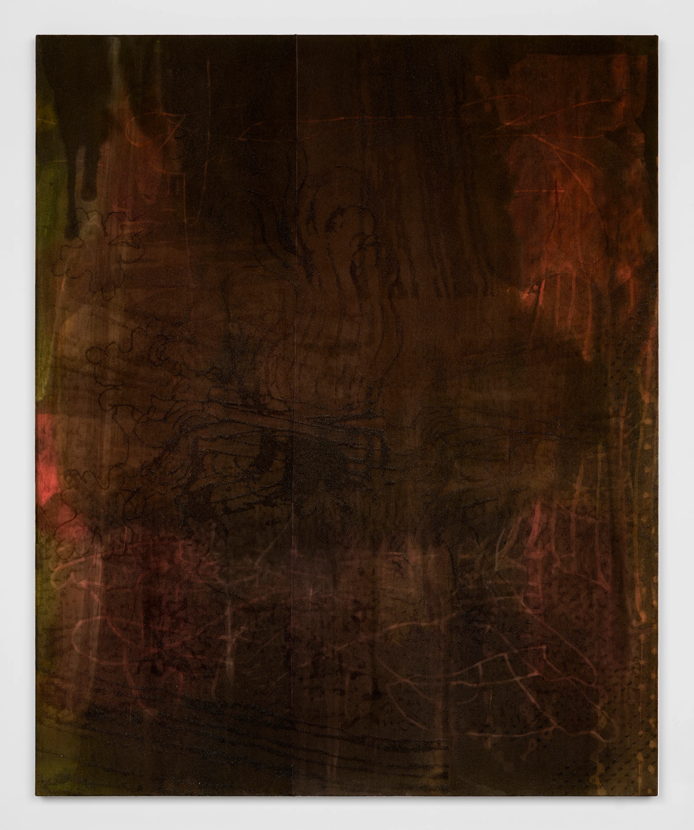 Leonardo Meoni, Dirty Machines, 2025, Mixed media on bleached velvet, 86 5/8 x 70 7/8 in 220 x 180 cm