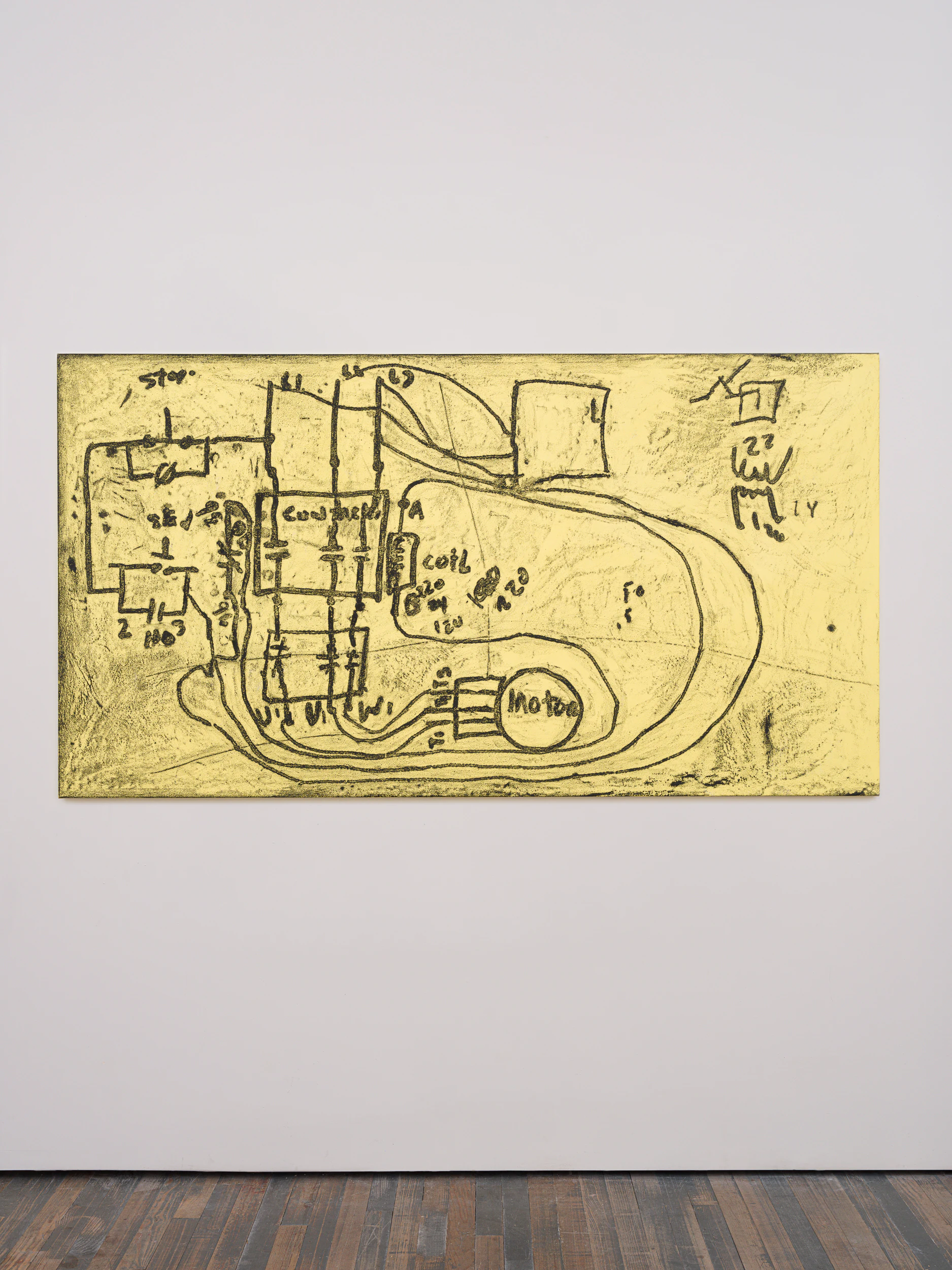 the mechanism, 2024, Crayon and acrylic paint on primed canvas, 48 x 89 in 122 x 226 cm