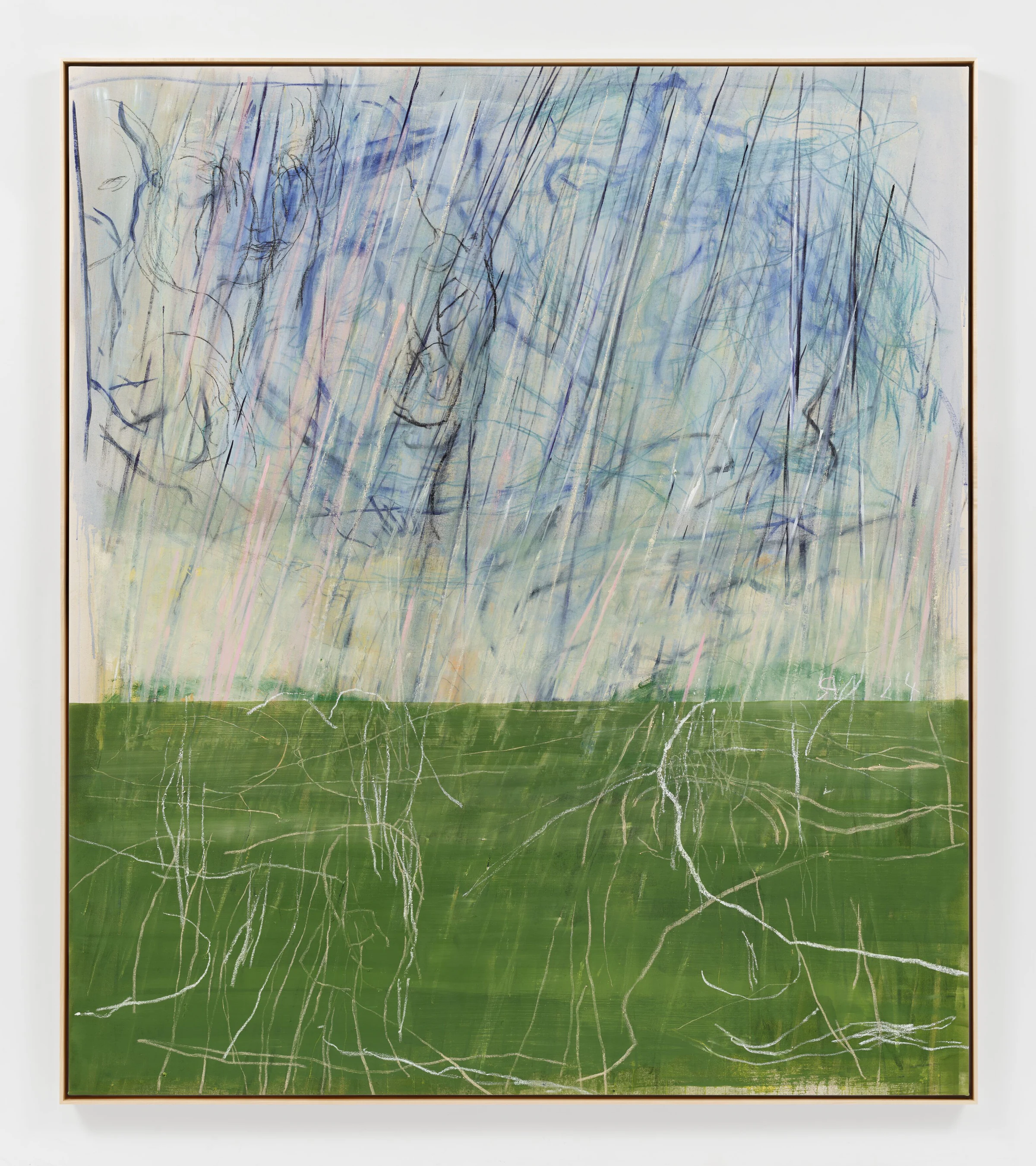 Rita Ackermann, Transparent Horizon Reigns, 2024, Oil and crayon on canvas, 92 x 80 1/2 x 1 1/2 in, 233.7 x 204.5 x 3.8 cm (unframed) 93 1/8 x 81 5/8 x 2 5/8 in, 236.5 x 207.3 x 6.7 cm (framed)