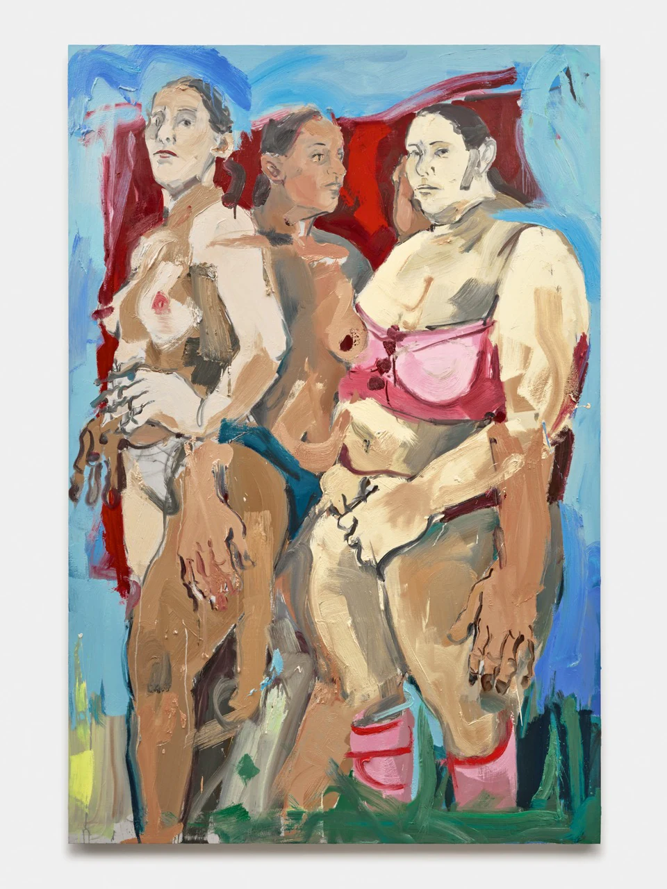 Cristina BanBan, Tres dones amb la roba estesa, 2024, Oil, oil stick on linen, 90 x 60 in, 228.6 x 152.4 cm