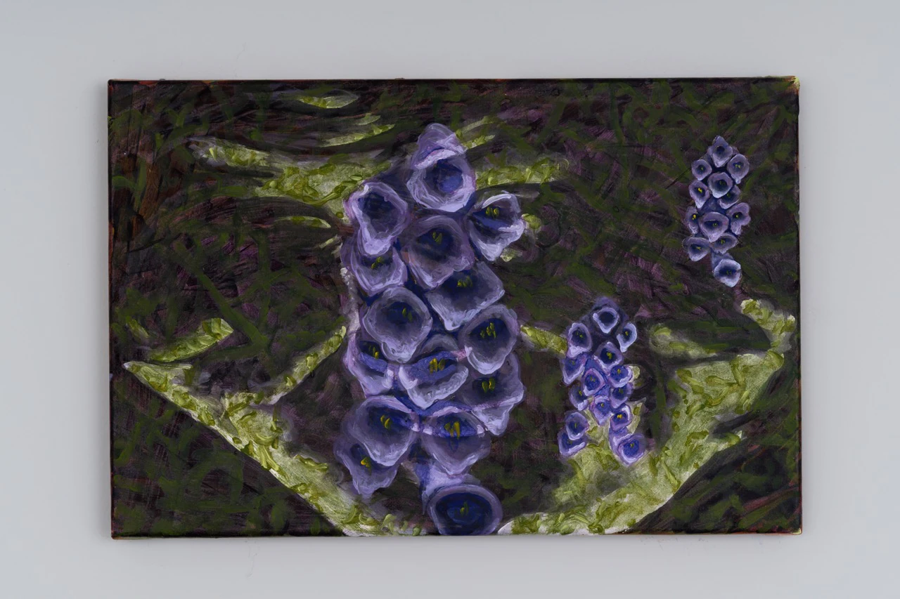 Adrian Schachter, Man with foxgloves, 2024, Oil and acrylic on canvas, 7 3/4 x 11 3/4 in 20 x 30 cm