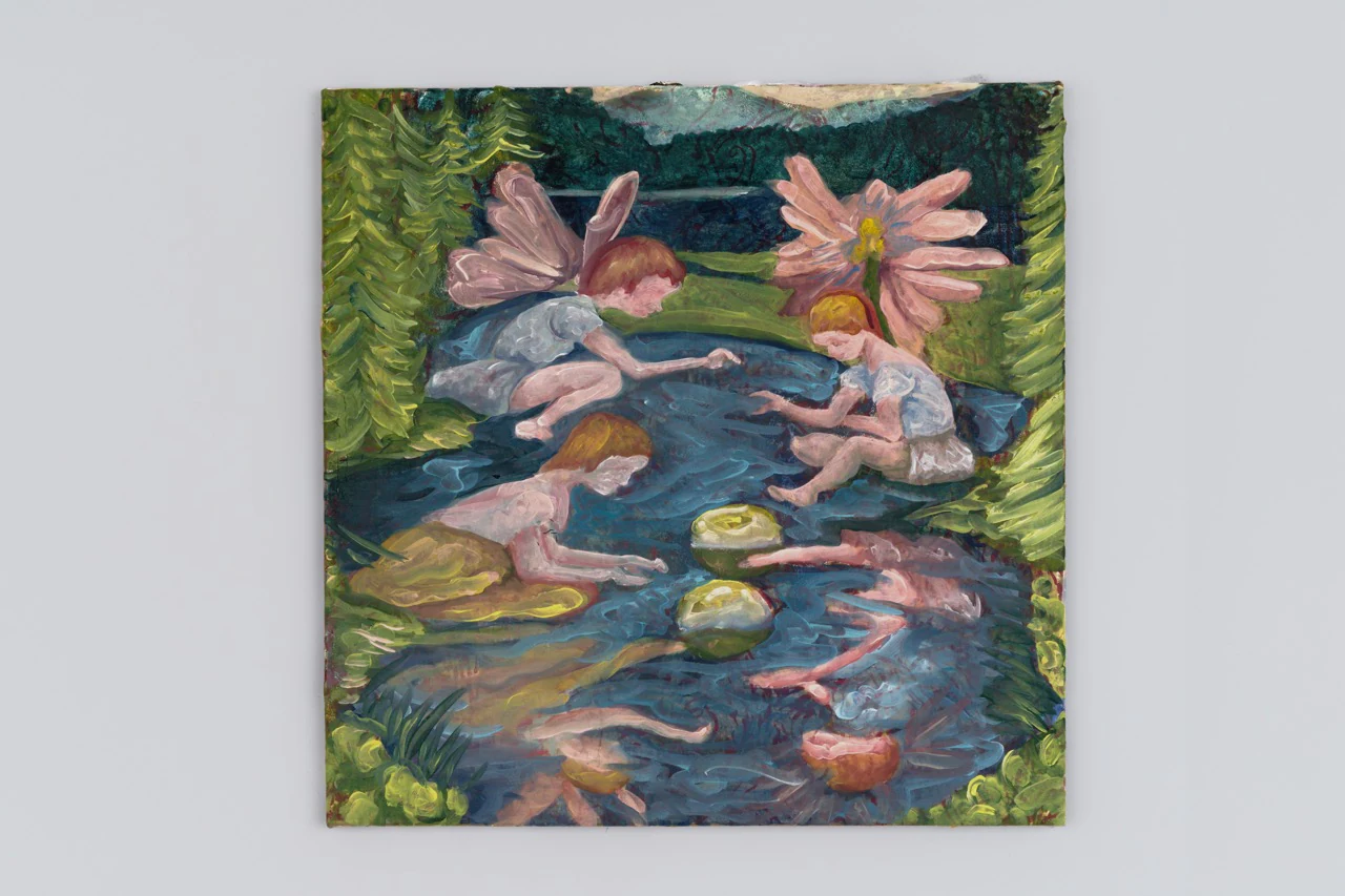 Adrian Schachter, Fairies making larch balls, 2024, Oil and acrylic on canvas, 15 3/4 x 15 3/4 in 40 x 40 cm