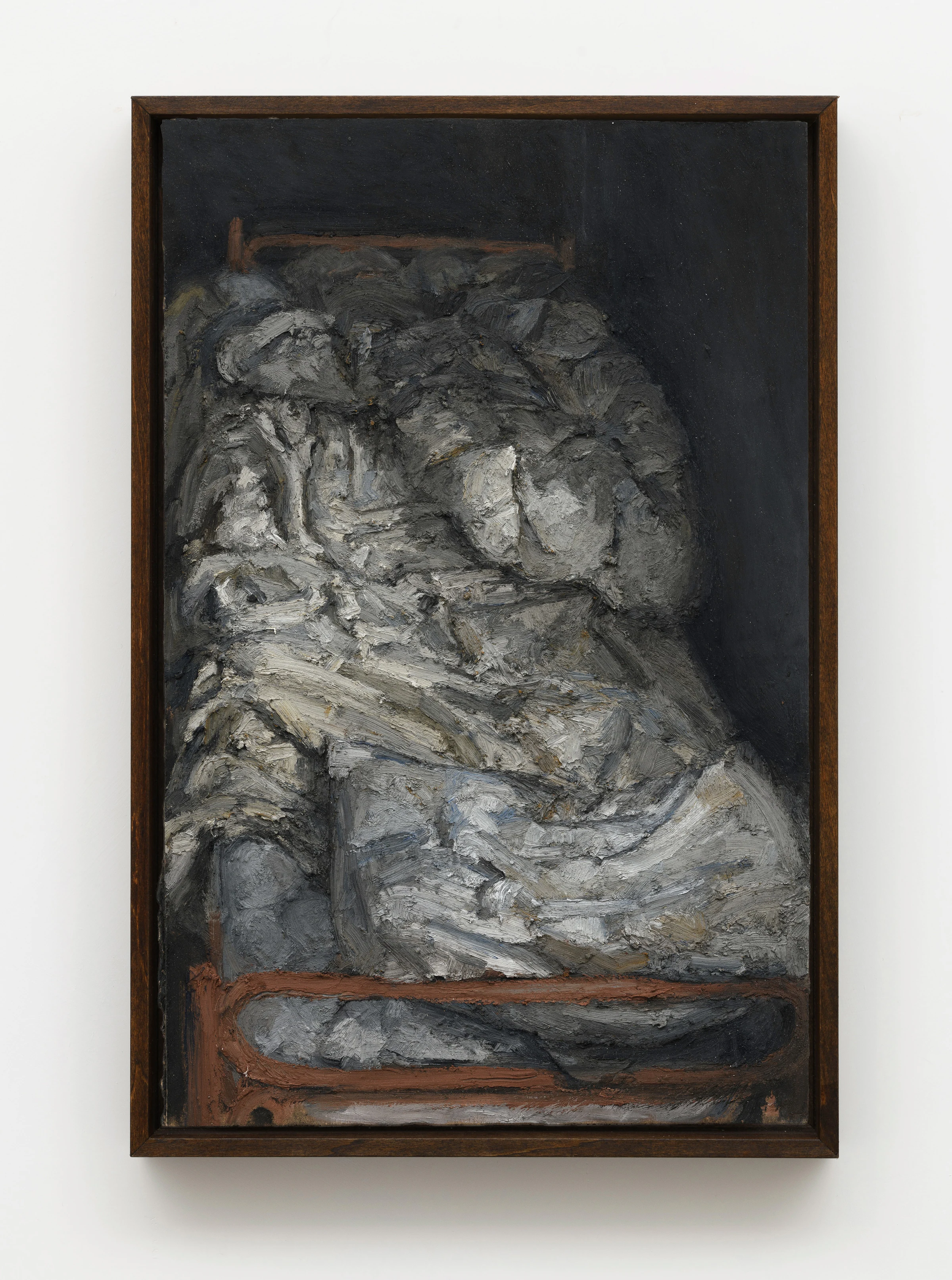 Justin Bradshaw, Letto sfatto con piumone sfoderato, 2025, Oil on wood, 11 3/4 x 18 1/8 in 30 x 46 cm