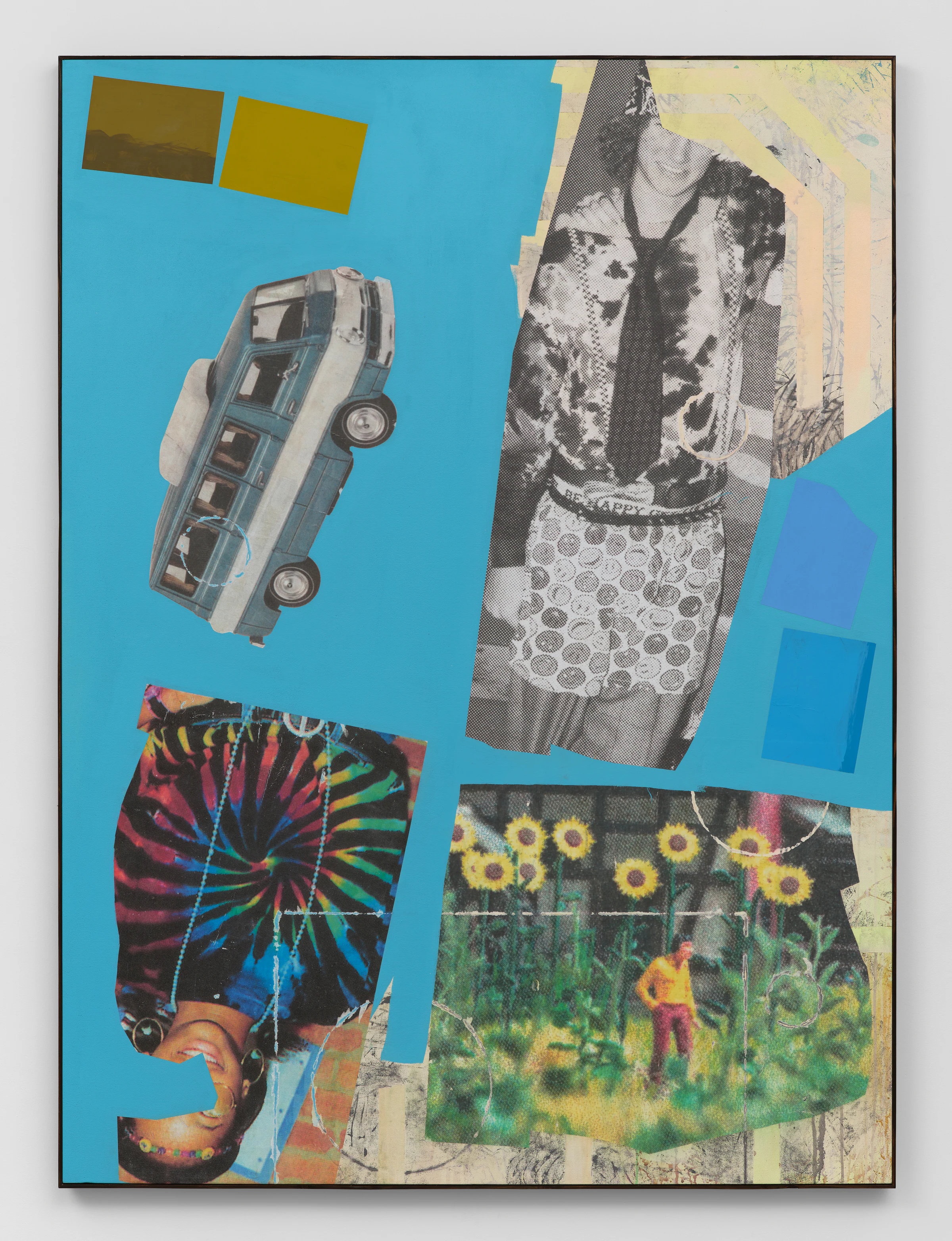 Hippie Puppet Costume, 2025, Acrylic and collage on canvas, 84 x 62 in 213.4 x 157.5 cm