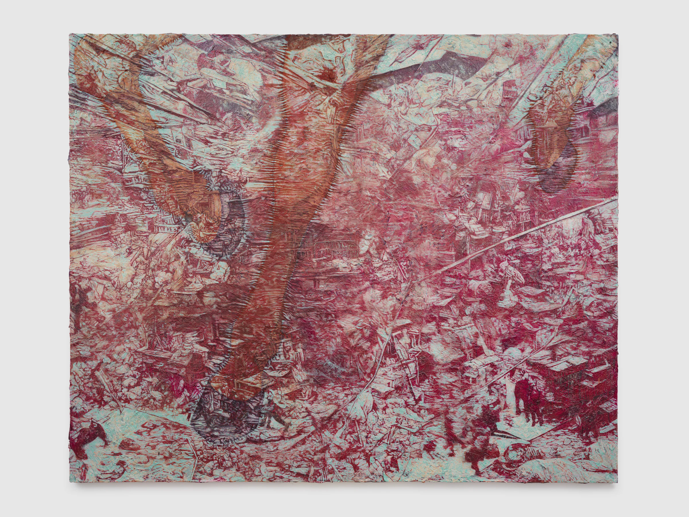 Adrian Schachter, Village after Mehretu/anime horse legs , 2024, Acrylic, oil, and tempera on canvas, 71 1/2 x 88 in 181.5 x 223.5 cm
