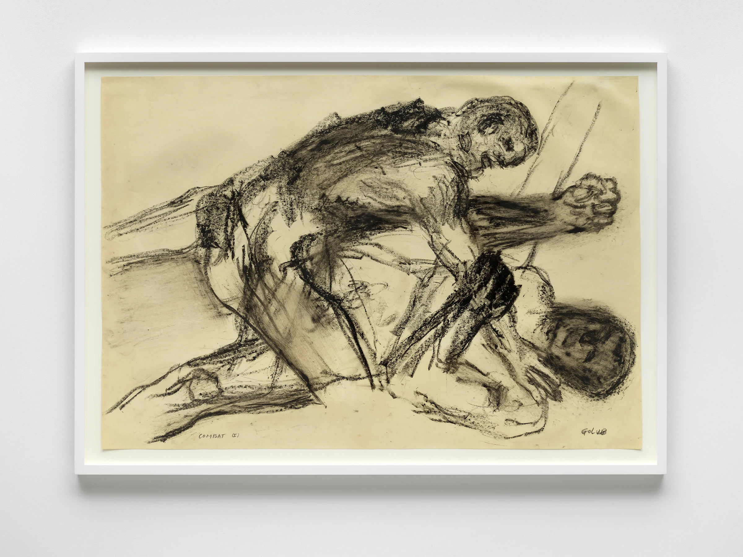 Leon Golub, Combat 1, 1963, Conte on paper, 28 3/8 x 40 9/16 in, 72 x 103 cm (Unframed) 32 1/16 x 45 1/16 in, 81.5 x 114.5 cm (Framed)