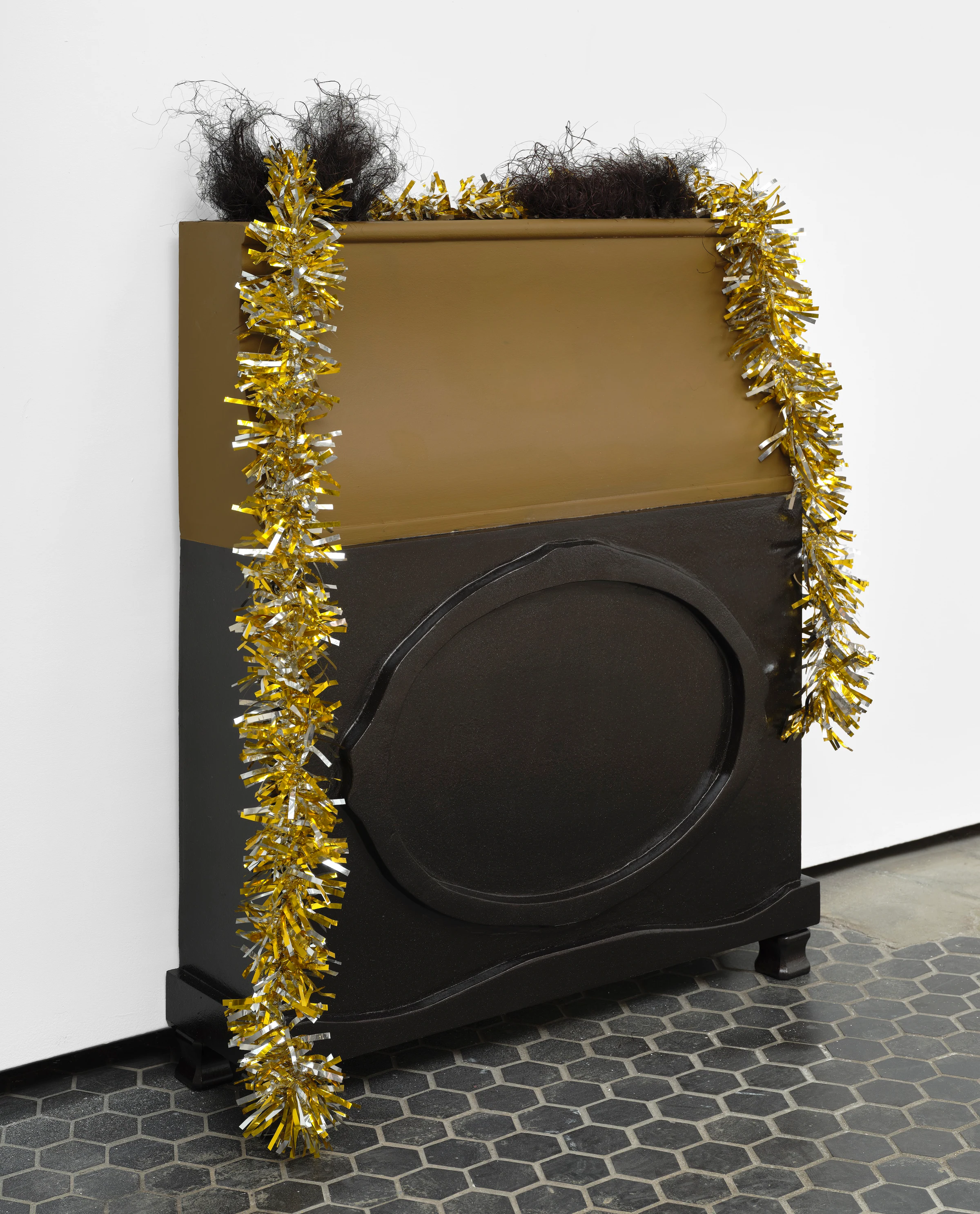 Brandon Ndife, Black and Gold, 2026, Wood, sisal, enamel paint, foam, epoxy putty, plastic, 44 x 9 x 37 1/2 in 111.8 x 22.9 x 95.3 cm