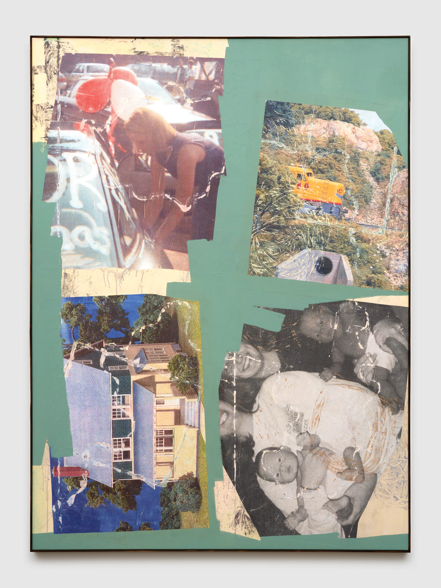 Infant simulator, 2025, Acrylic and collage on canvas, 84 x 62 in 213.5 x 157.5 cm