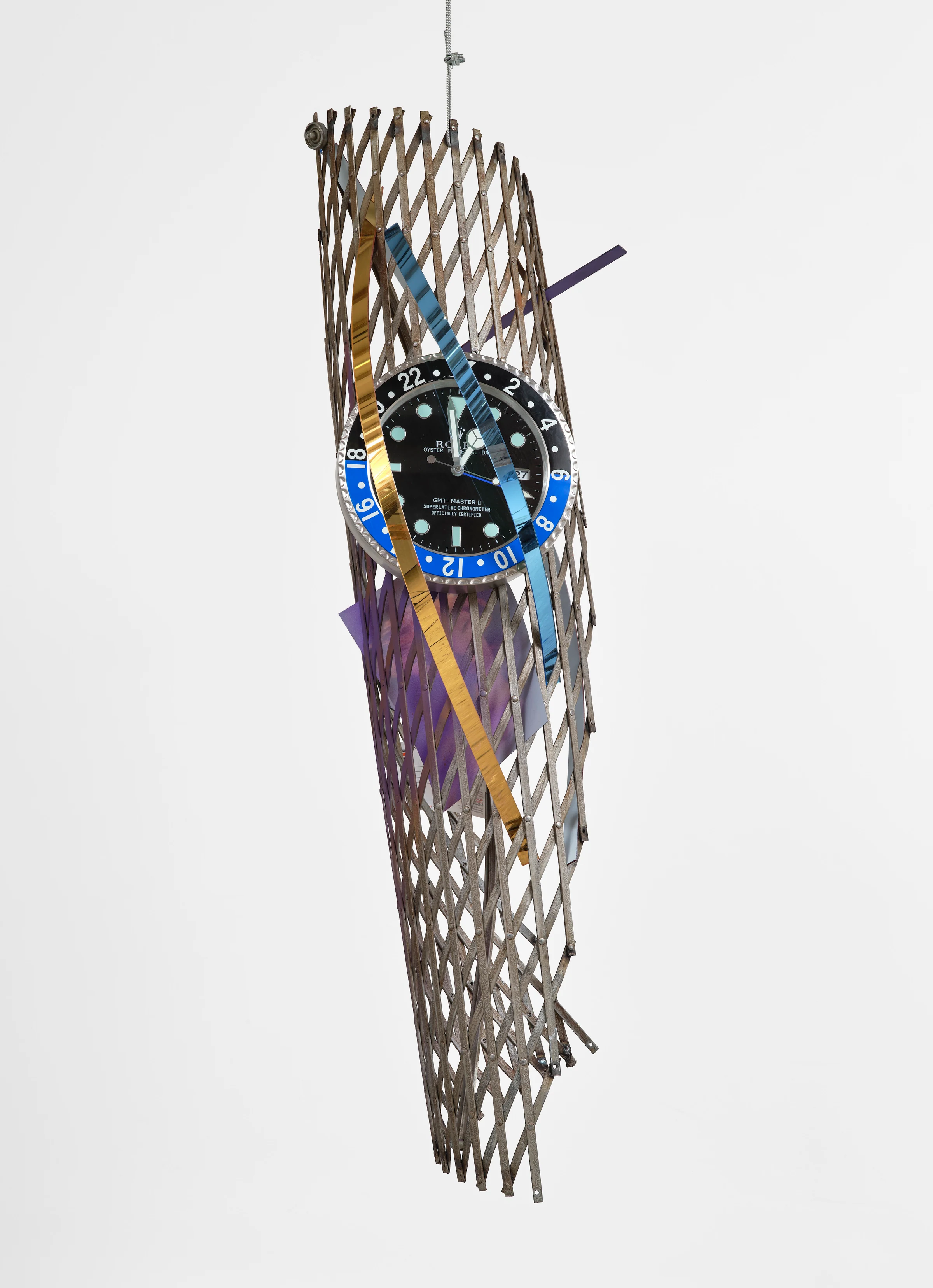 Louis Osmosis, Centrifugal Pickle #4 (Fly Trap), 2026, Modified scissor gate, lenticular prints, clock, plastic, spraypaint, hardware , 62 1/4 x 27 x 20 in 158.1 x 68.6 x 50.8 cm