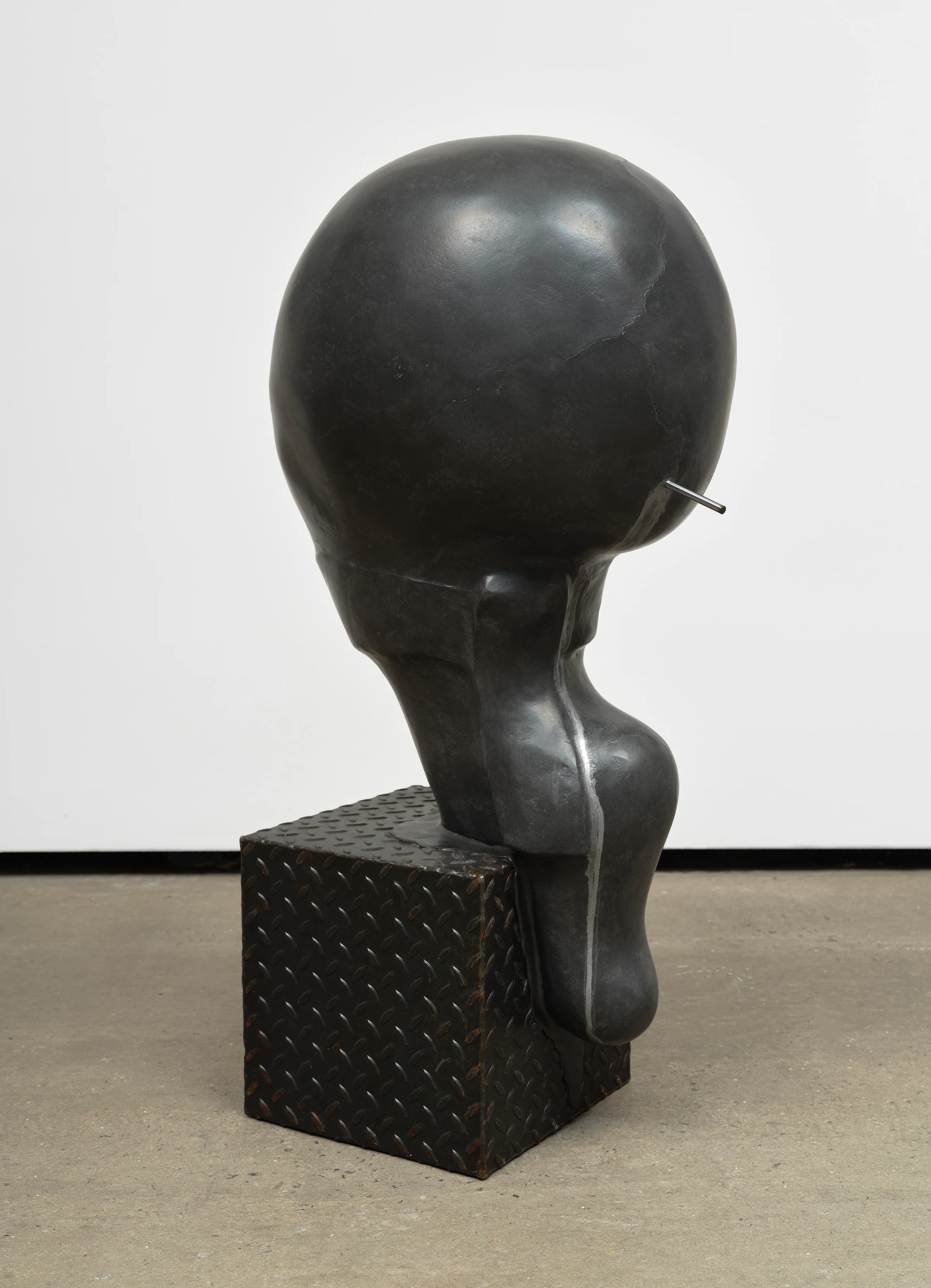 Louis Osmosis, Mascot for The Cold, 2026, Reinforced paper-mache, polystyrene, polyurethane, graphite, steel, epoxy, acrylic paint, 40 1/2 x 16 1/2 x 21 in 102.9 x 41.9 x 53.3 cm