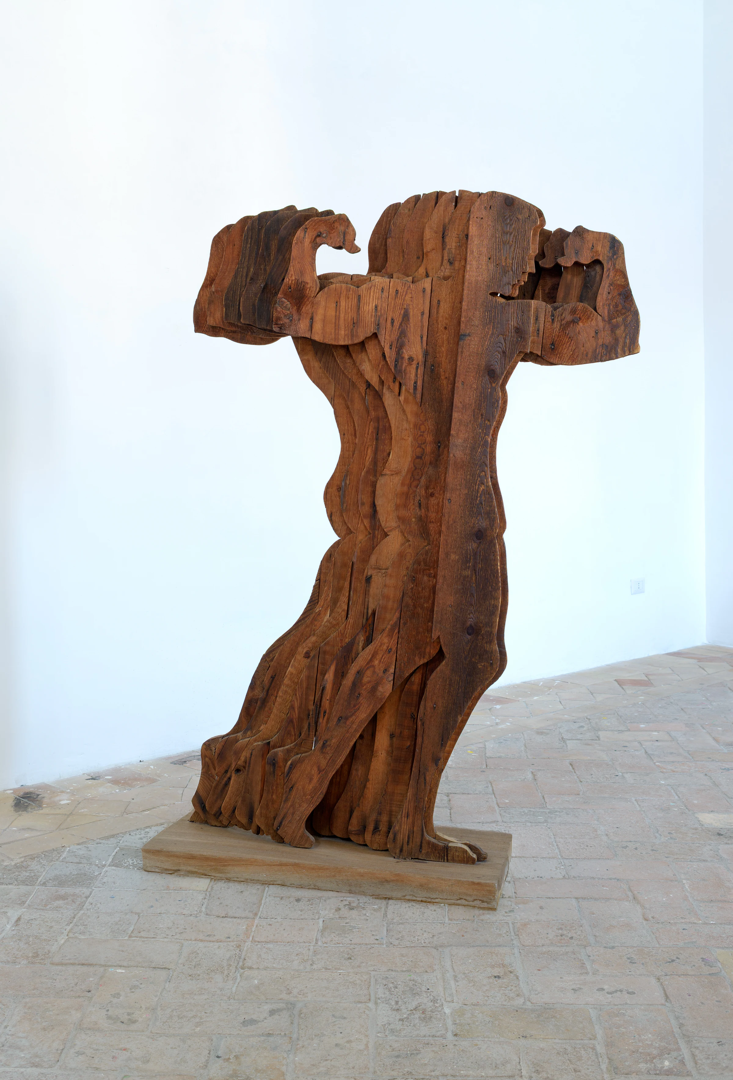 Mario Ceroli, Mister Muscolo, 1964, Pine board sculpture, 191 x 128 x 20 cm; 75 1/8 × 50 3/8 × 7 7/8 in