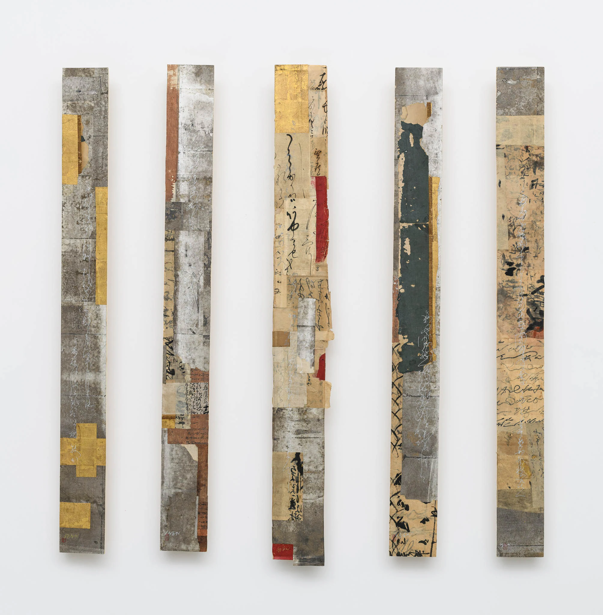 Issen Nishigaki, River Anthology: Past and Present (Issen Kokinshō), 2025, Sumi ink and antique paper on panel, 33 7/8 x 33 in 86 x 84 cm
