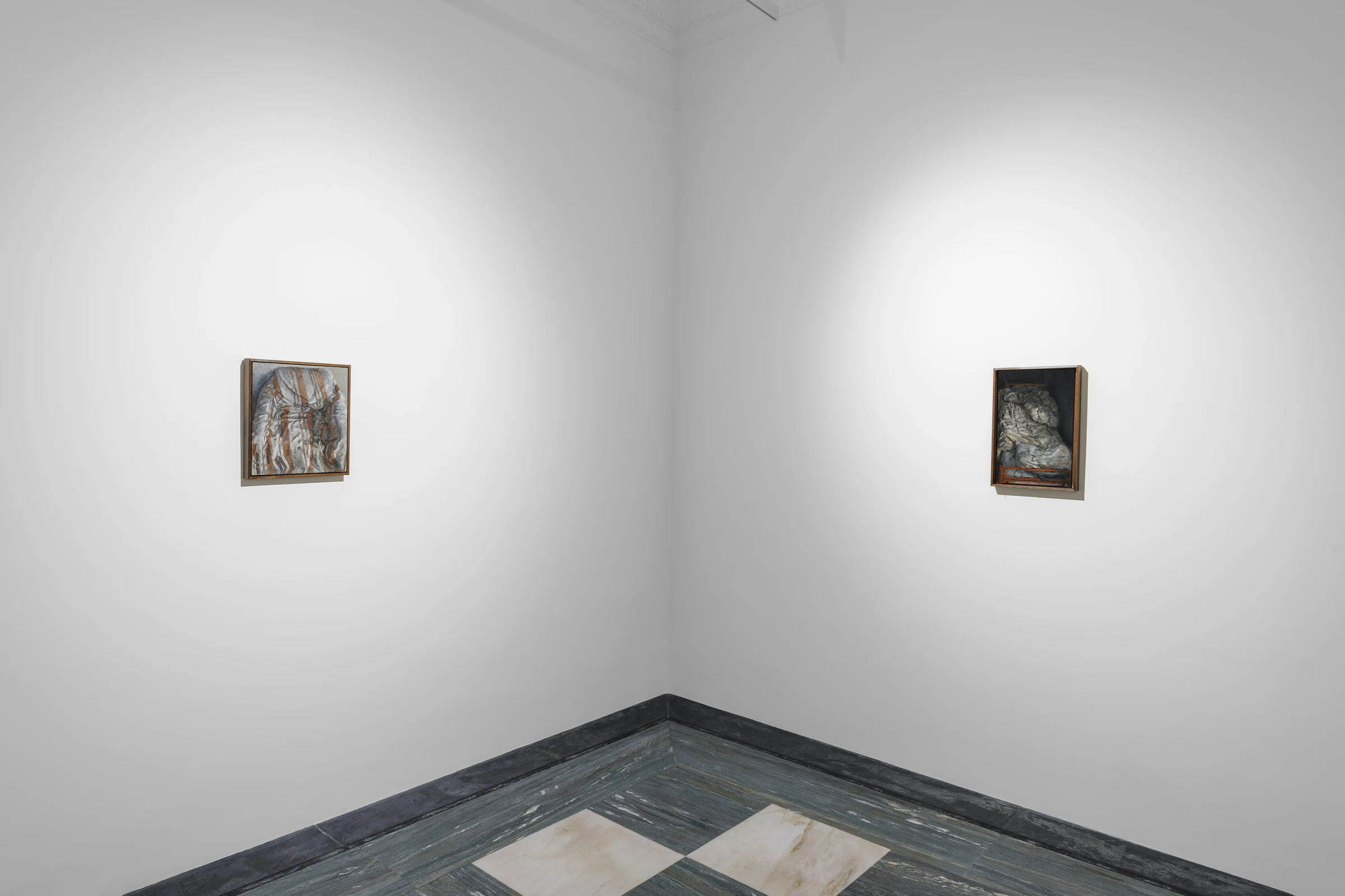 Justin Bradshaw: 9 Paintings with drapery and eggs, installation view