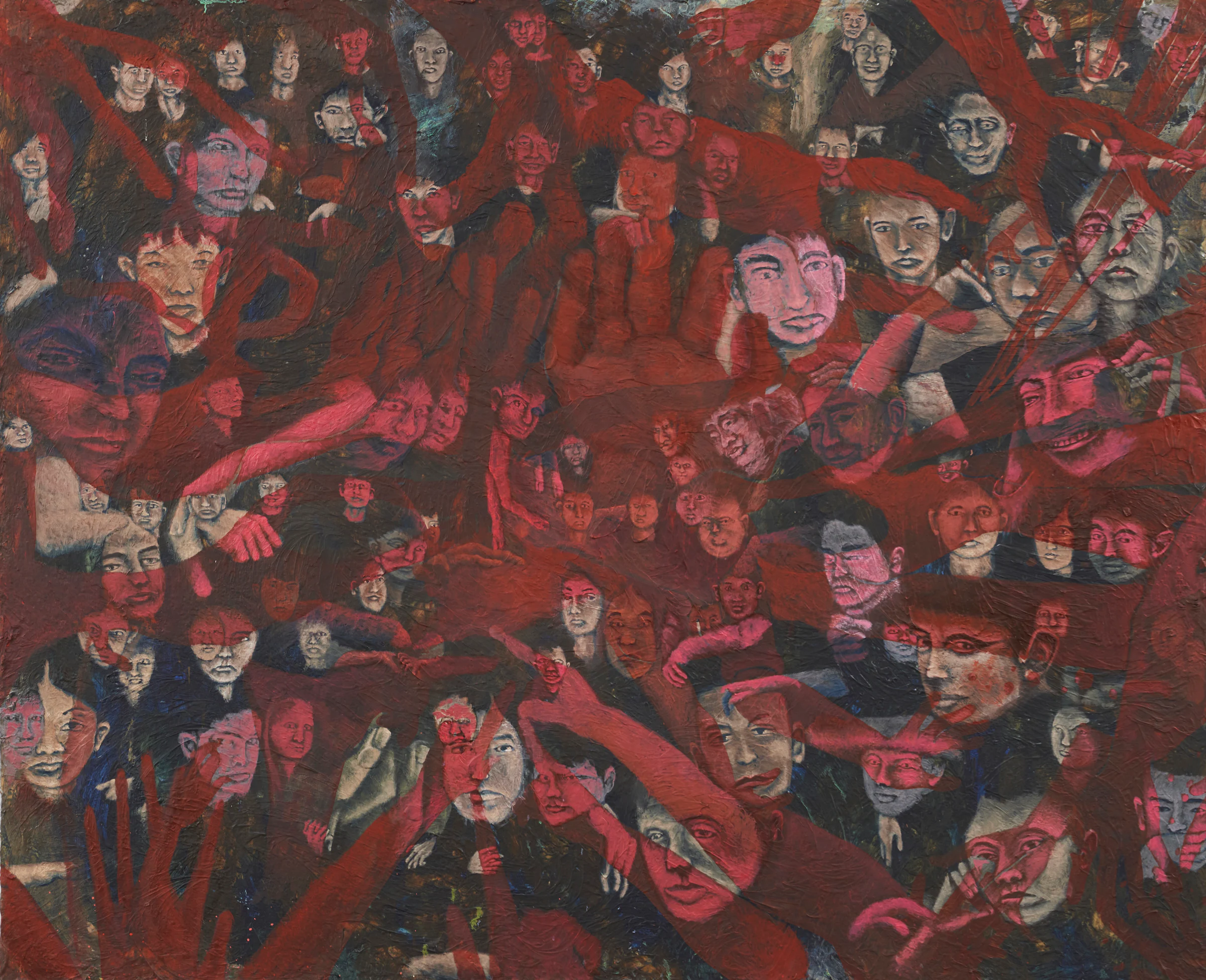 Adrian Schachter, Naked SVA anxiety dream, 2023, Oil and acrylic on canvas , 87 x 71 in 221 x 180.3 cm
