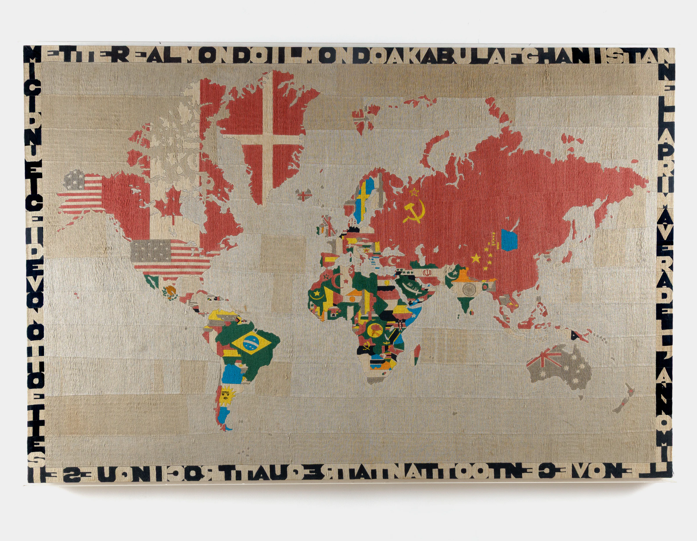 Alighiero Boetti, Mettere a Mondo il Mondo a Kabul Afghanistan, 1983, Embroidery on fabric, 174.5 x 117 x 6 cm; 68 3/4 × 46 × 2 3/8 in