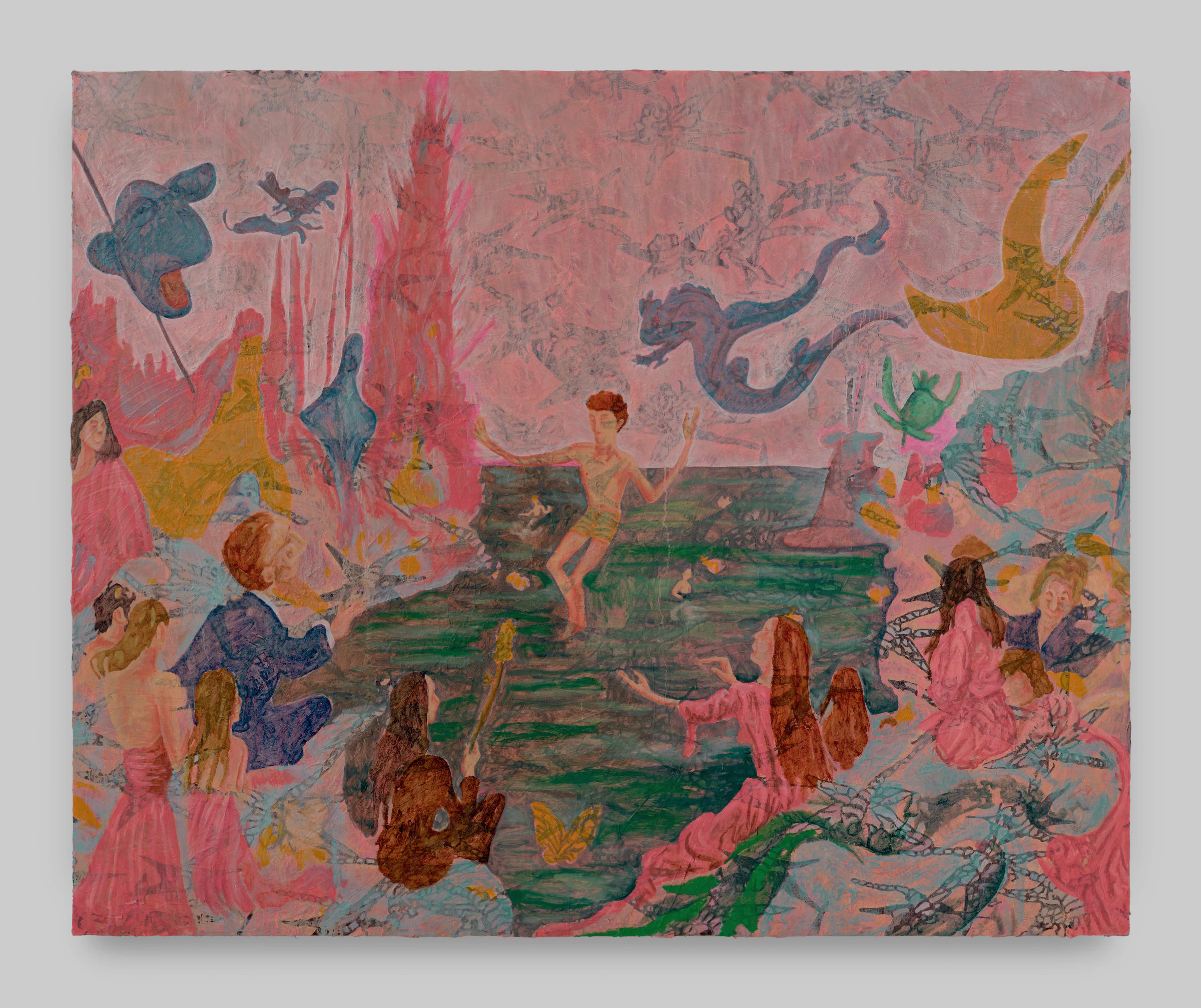 Adrian Schachter, Zoltan at Jungleland USA, 2025, Acrylic, oil, and tempera on canvas, 70 7/8 x 86 5