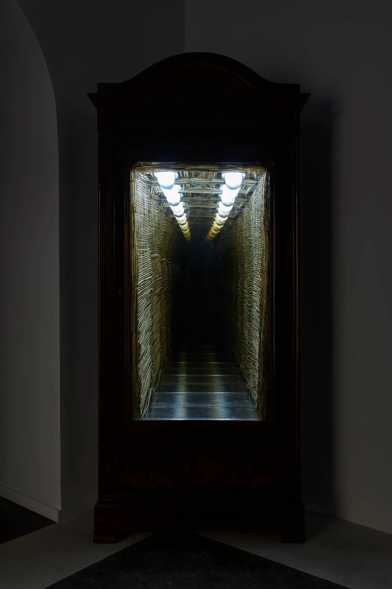 Daniele Milvio, Kubla Khan, 2025, Wood, two-way mirror, mirror, lighting equipment, ink, bamboo, steel foil, 84 5/8 x 36 5/8 x 15 3/4 in 215 x 93 x 40 cm