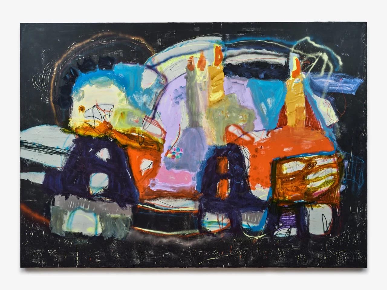 Marco Pariani, En Plein Air, 2023, oil, acrylic and spray paint on linen, 85 x 120 in, 215.9 x 304.8 cm