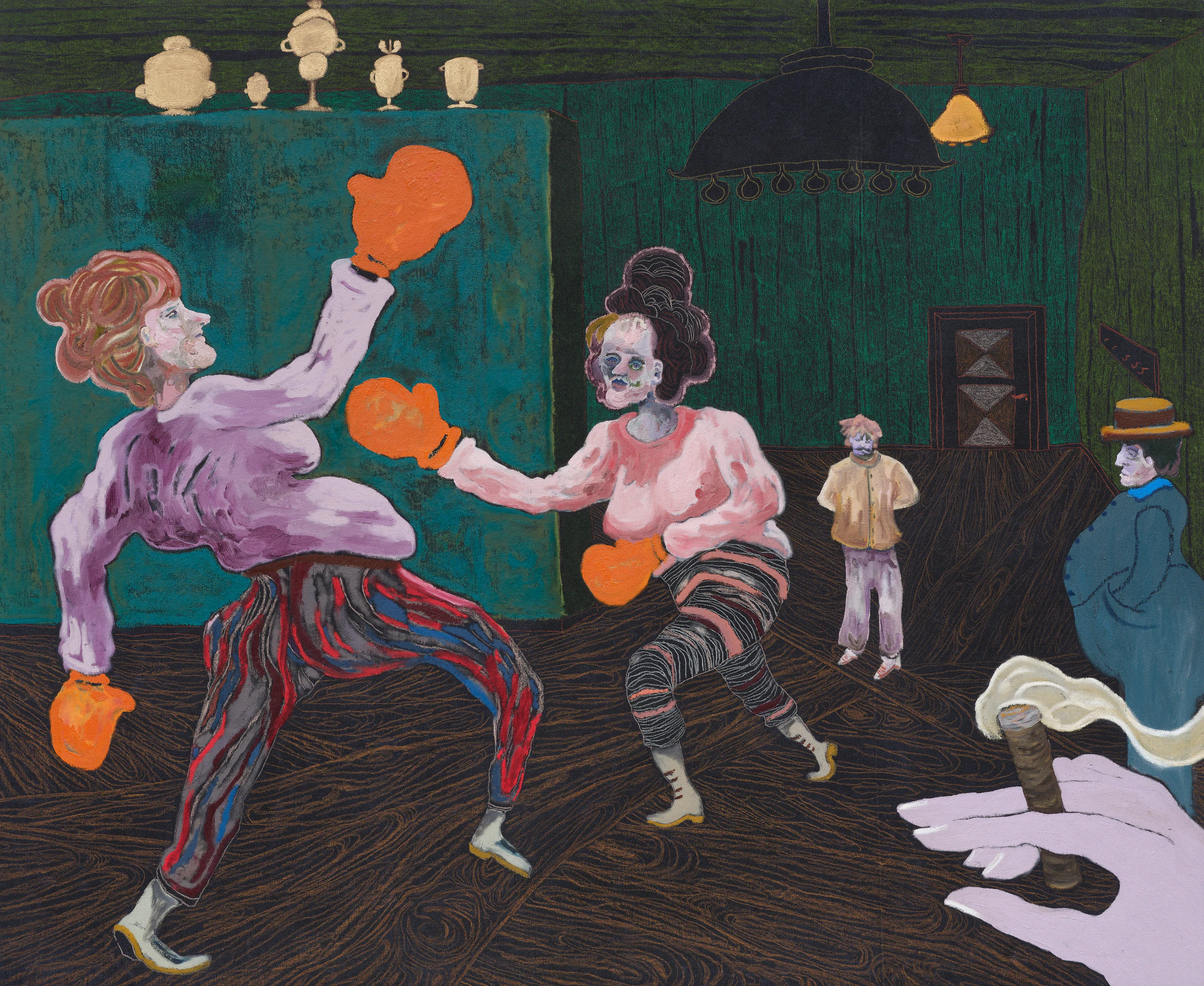Pierre Knop, Boxerettes, 2021, oil, ink, crayon, oilpastell and acrylic on canvas, 37 1/2 x 45 in, 95.3 x 114.3 cm