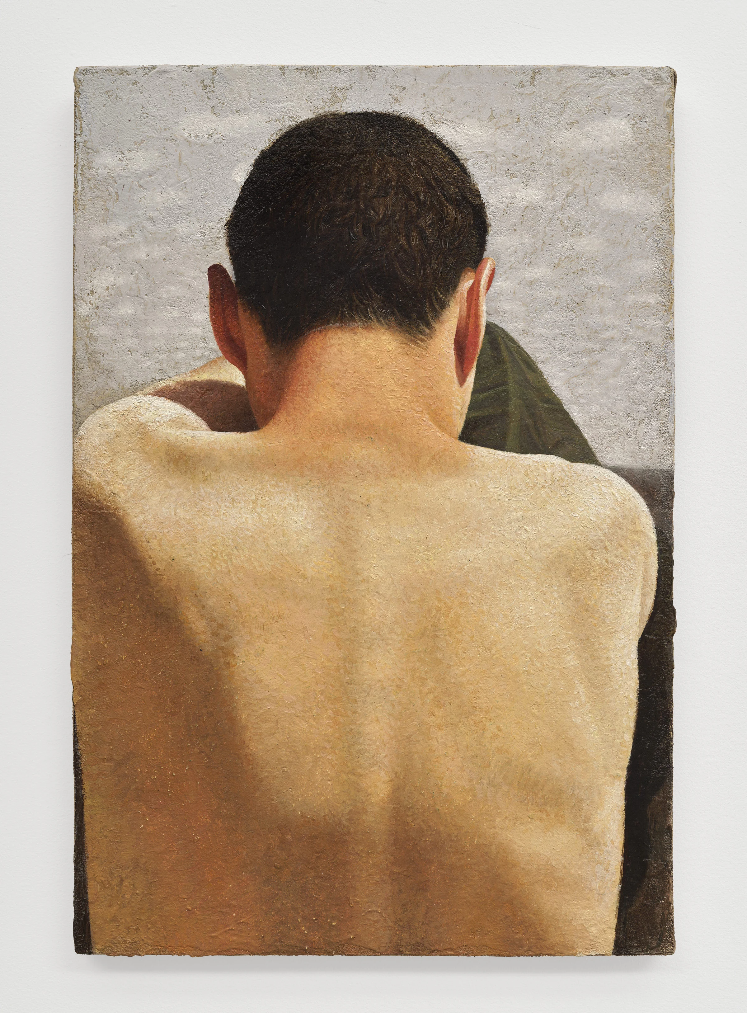 Vittorio Marella, uomo che si spoglia, 2026, Oil on linen mounted on panel, 9 1/2 x 14 in ; 24 x 36 cm