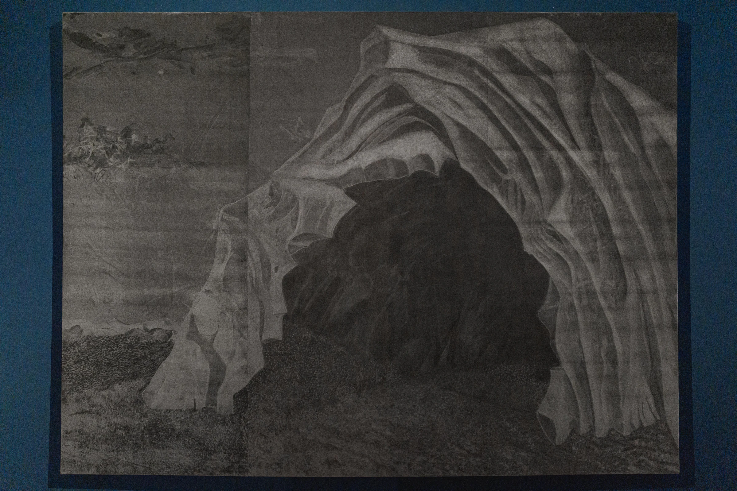 Leonardo Meoni, Cavern, 2024, Mixed media on velvet, 106 5/16 x 141 3/4 in, 270 x 360 cm