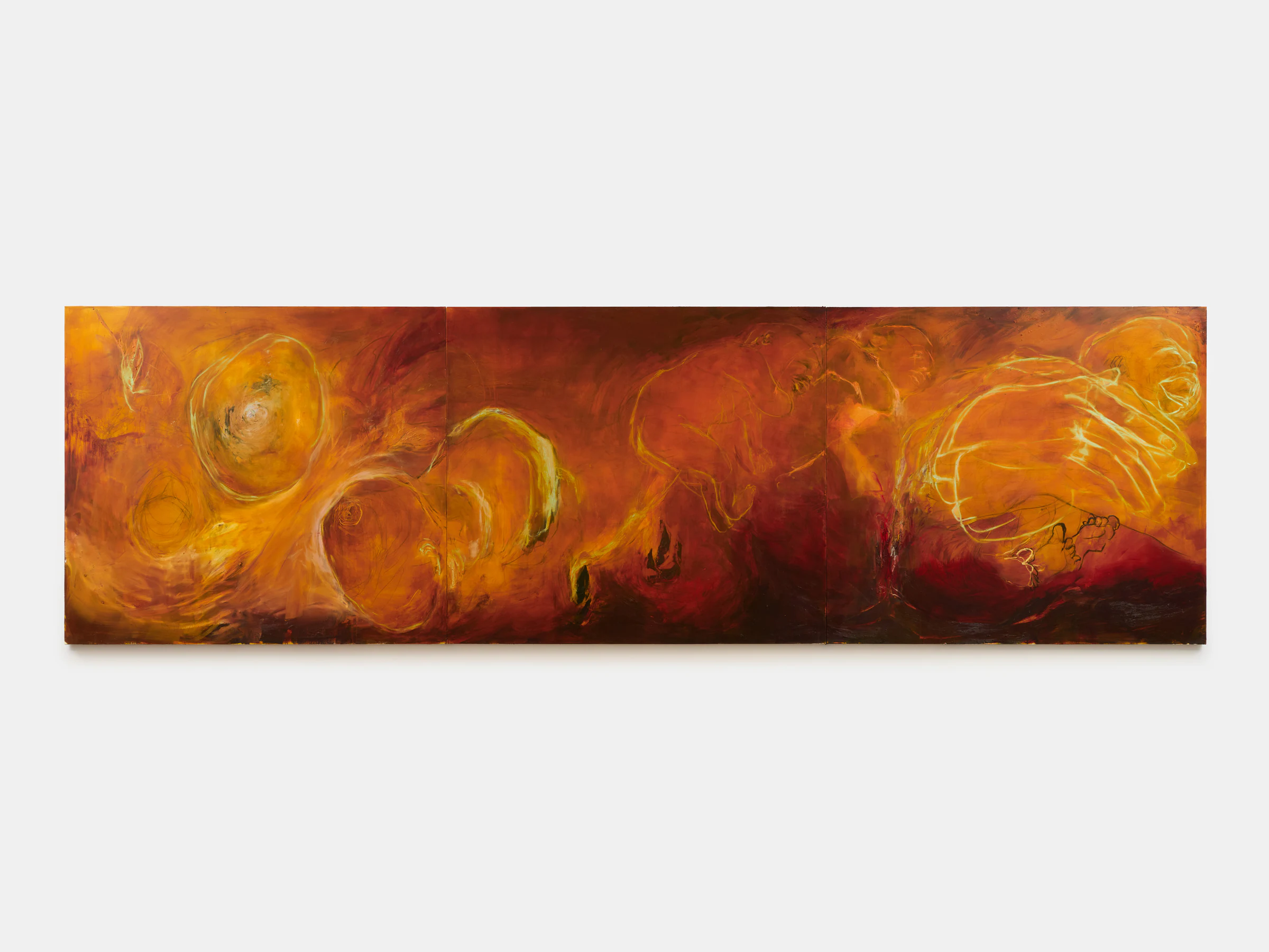 Mercedes Llanos, Sistema solar o algo universal, 2024, Oil, charcoal and graphite on canvas, 80 x 270 in 203.2 x 685.8 cm