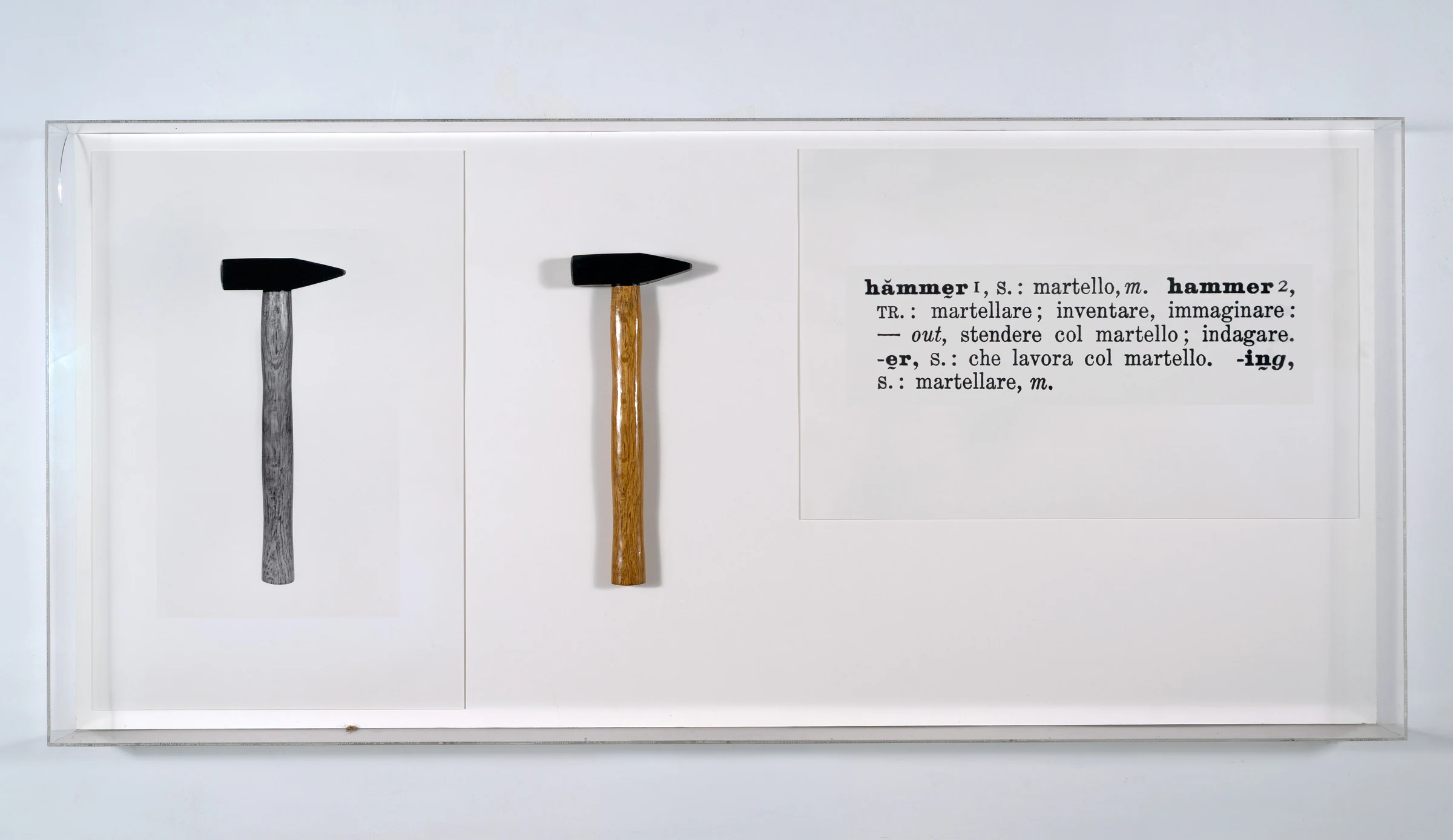 Joseph Kosuth, One and three hammer, 1965, object, photograph, and dictionary definition of ‘object’, 141 x 65 x 9.5 cm; 55 1/2 × 25 5/8 × 3 3/4 in