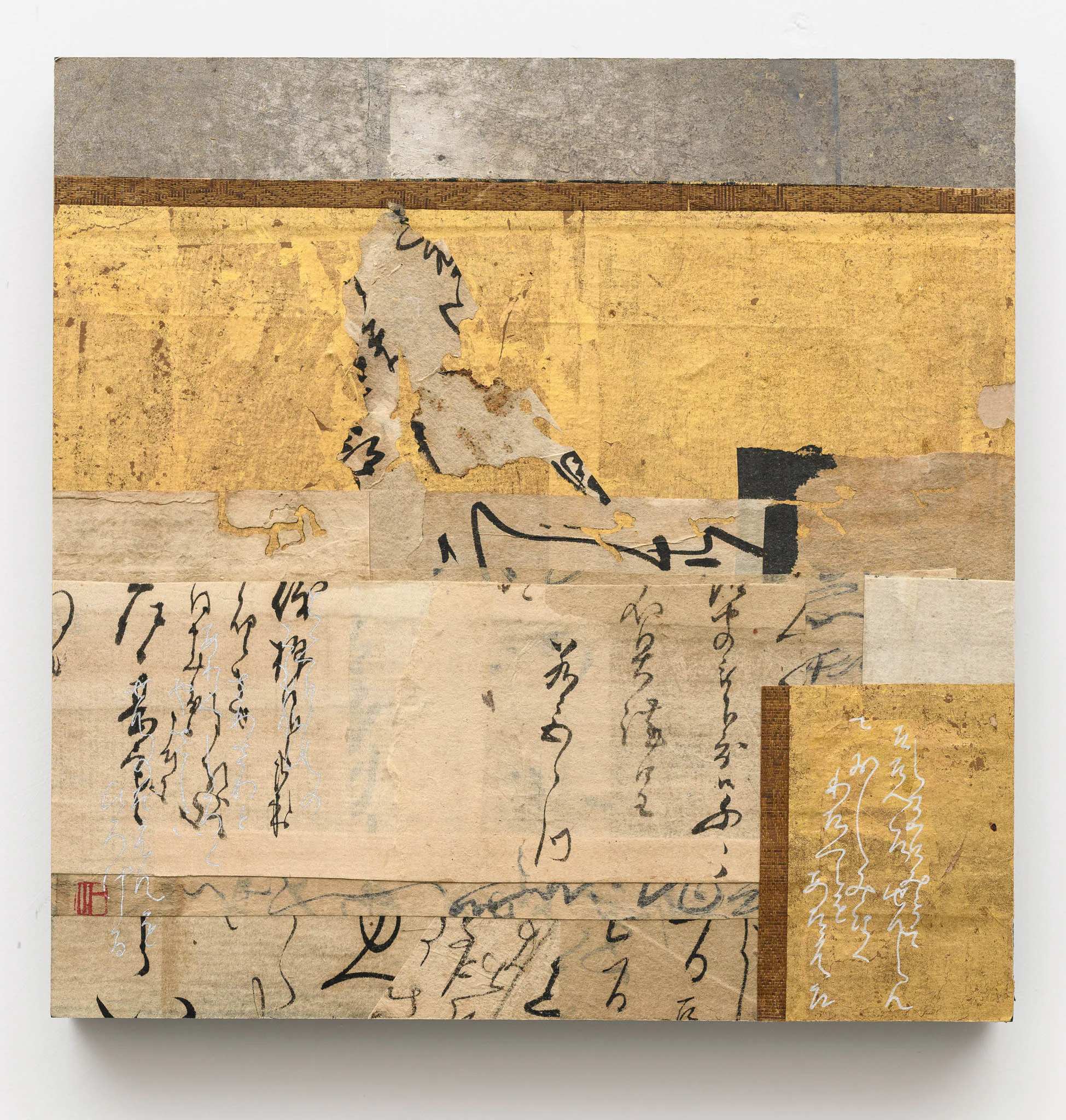 Issen Nishigaki, River Anthology: Past and Present (Issen Kokinshō), 2025, Sumi ink and antique paper on panel, 9 x 9 in 23 x 23 cm
